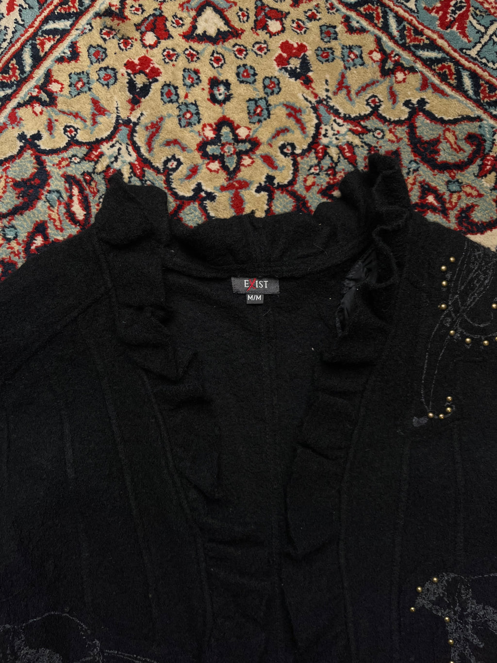 EXIST Women Pure Wool Black Ruffle Neck Embroidered Jacket - M