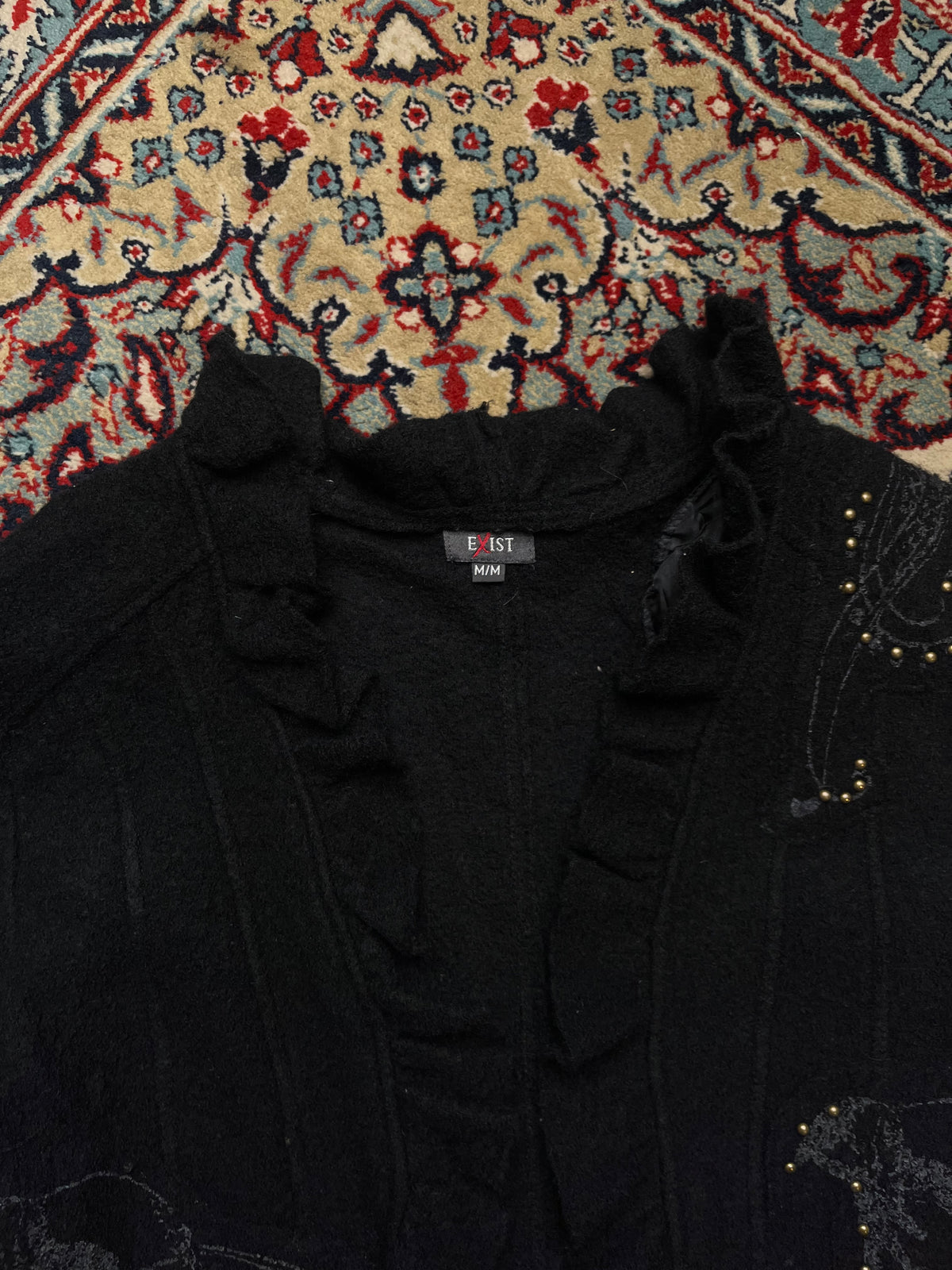 EXIST Women Pure Wool Black Ruffle Neck Embroidered Jacket - M