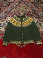 Vintage Nordic Fair Isle Snowflake Metal Button Knit GREEN Cardigan - S
