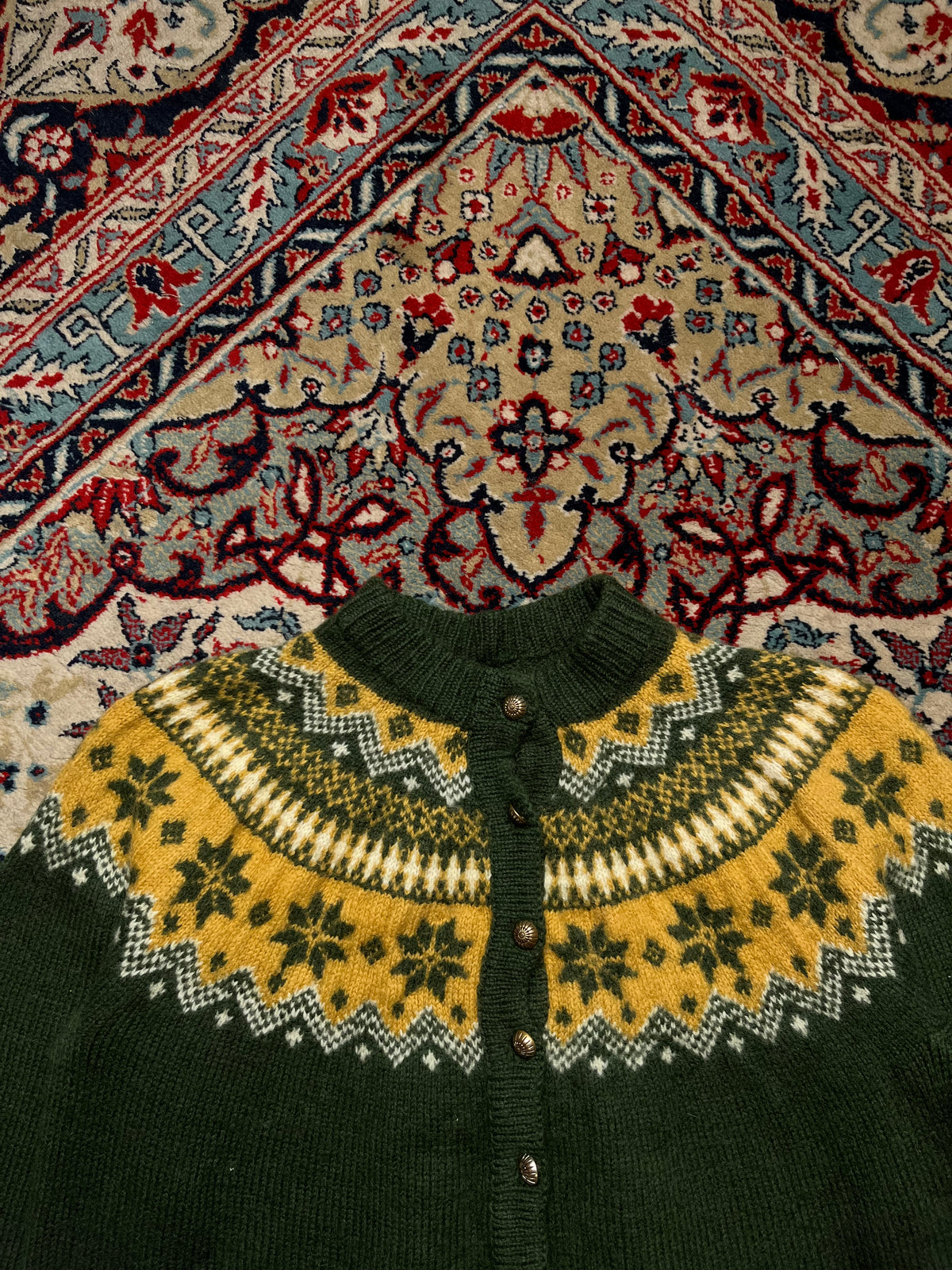 Vintage Nordic Fair Isle Snowflake Metal Button Knit GREEN Cardigan - S