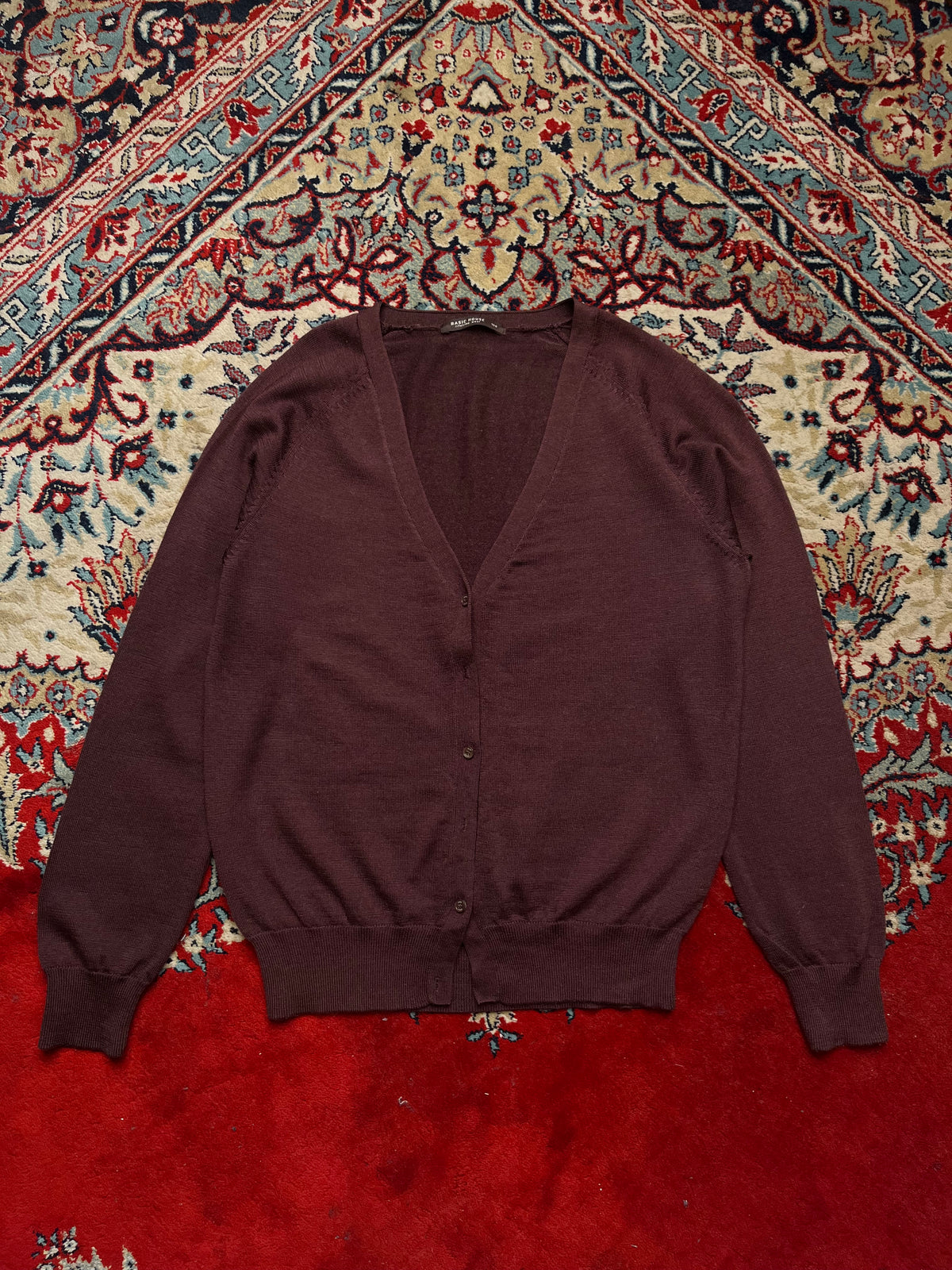 Basic House Burgundy Merino Wool Knit Button Up Cardigan - M