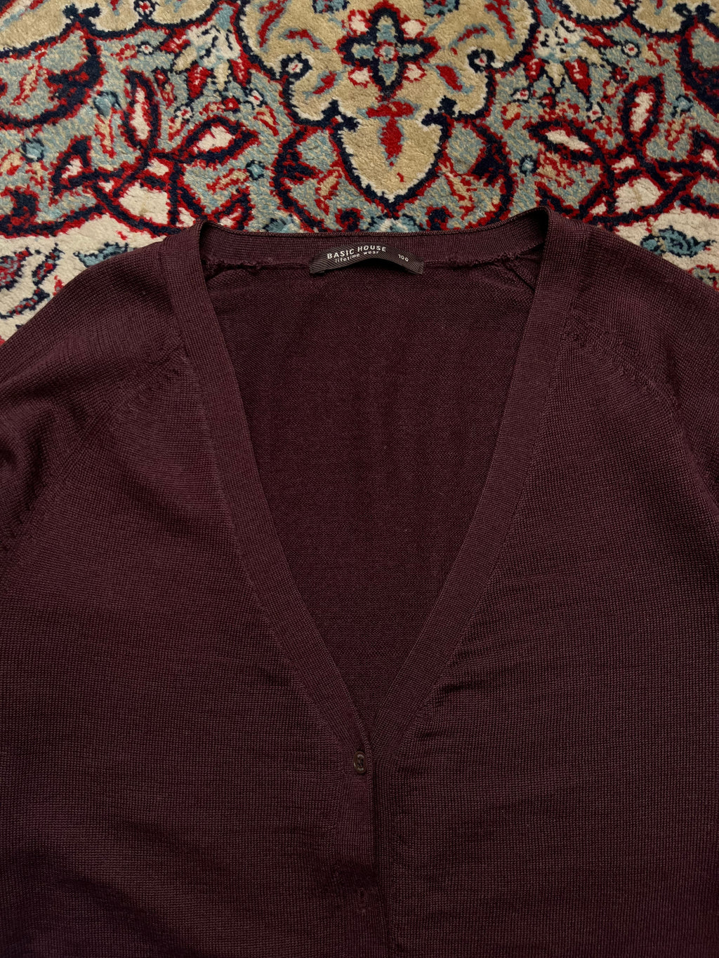 Basic House Burgundy Merino Wool Knit Button Up Cardigan - M
