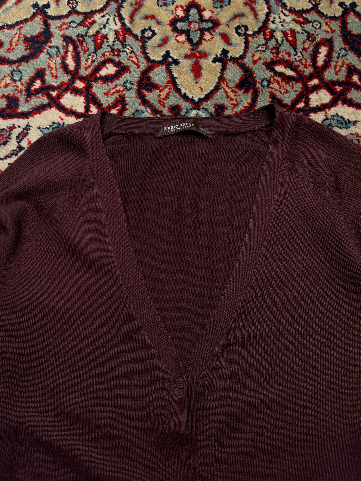 Basic House Burgundy Merino Wool Knit Button Up Cardigan - M