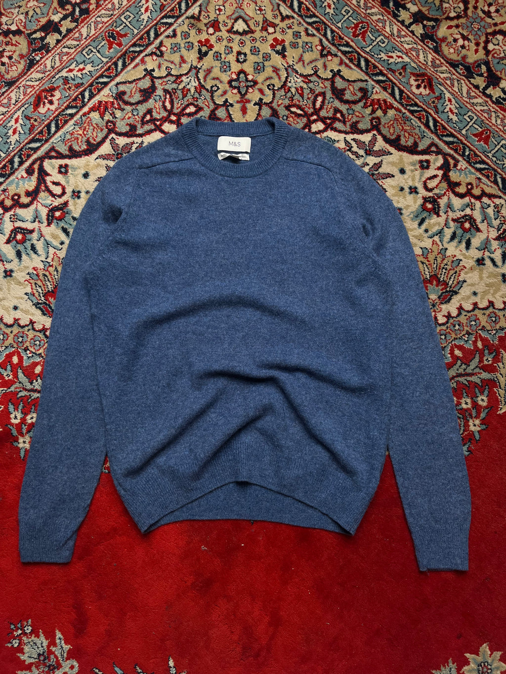 M&S Marks & Spencer Blue Extra Fine Lambswool Crewneck Sweater - M