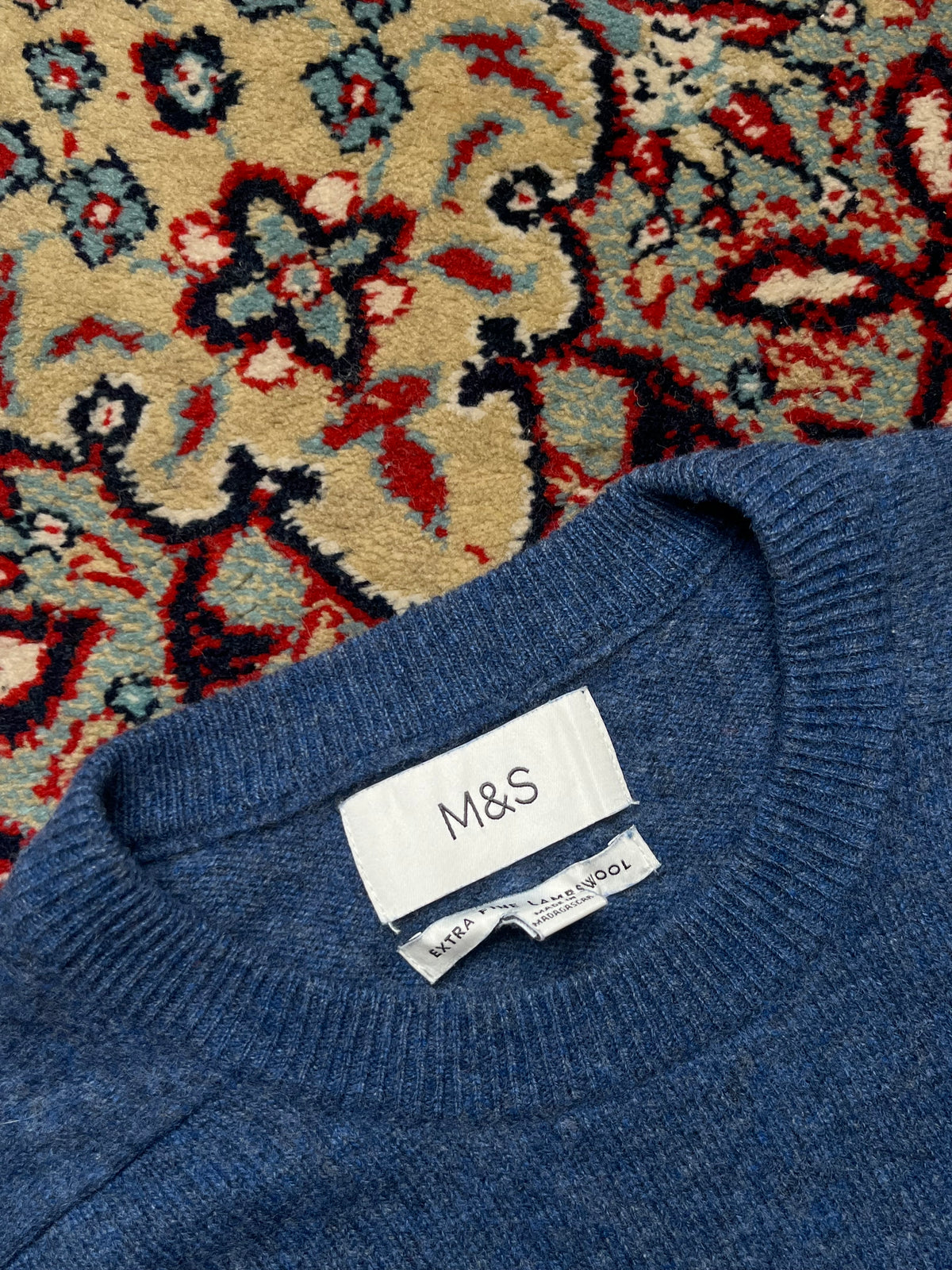 M&S Marks & Spencer Blue Extra Fine Lambswool Crewneck Sweater - M