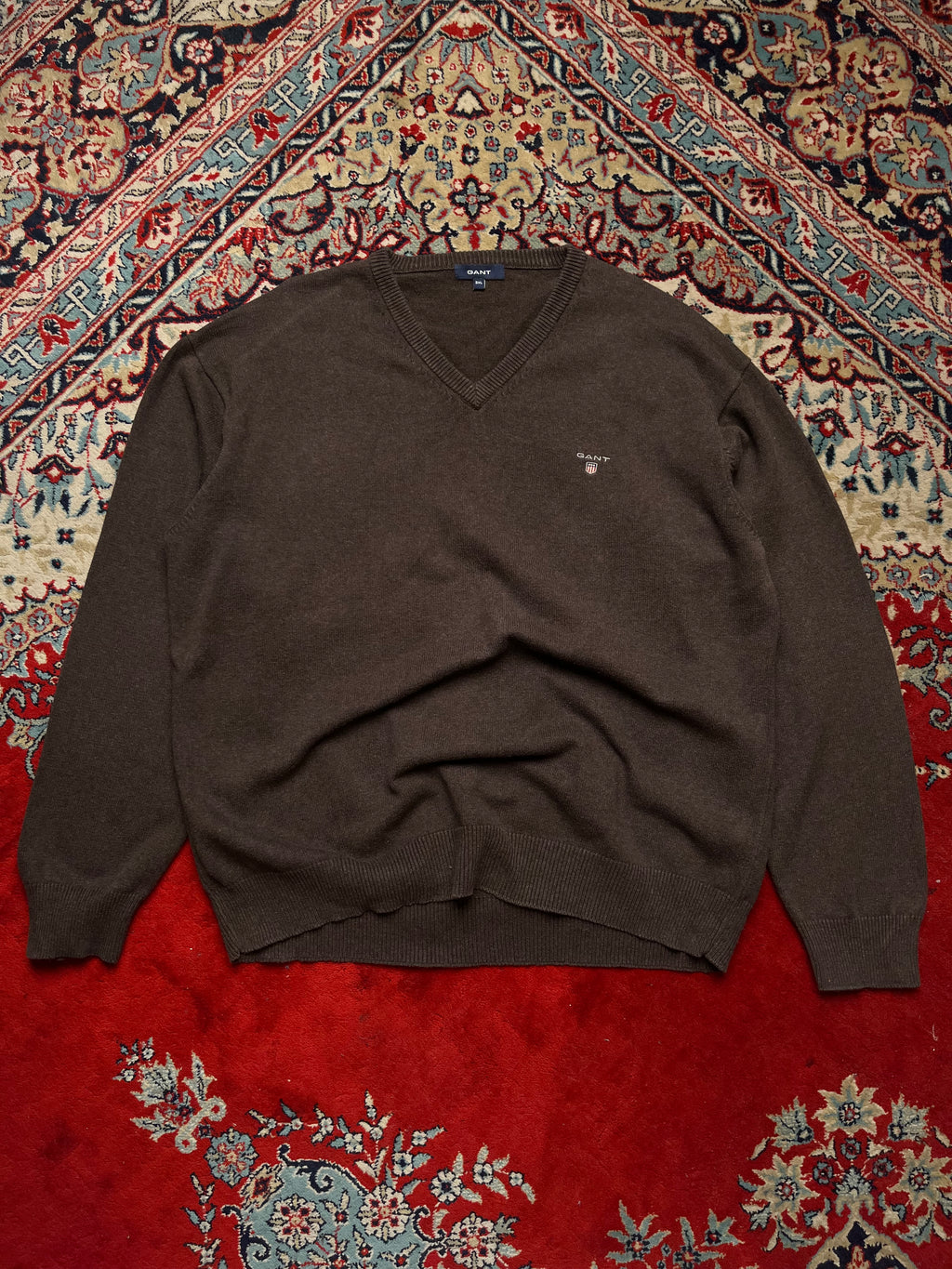 GANT Brown Cotton Embroidered Logo V-Neck Sweater - XL