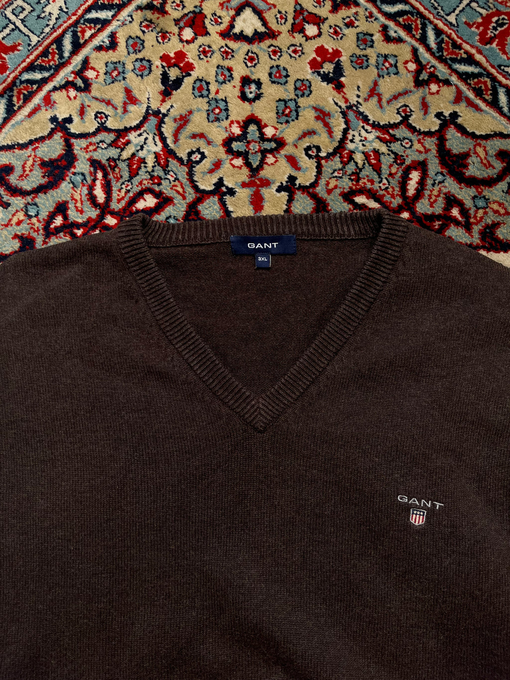 GANT Brown Cotton Embroidered Logo V-Neck Sweater - XL