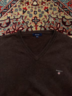 GANT Brown Cotton Embroidered Logo V-Neck Sweater - XL