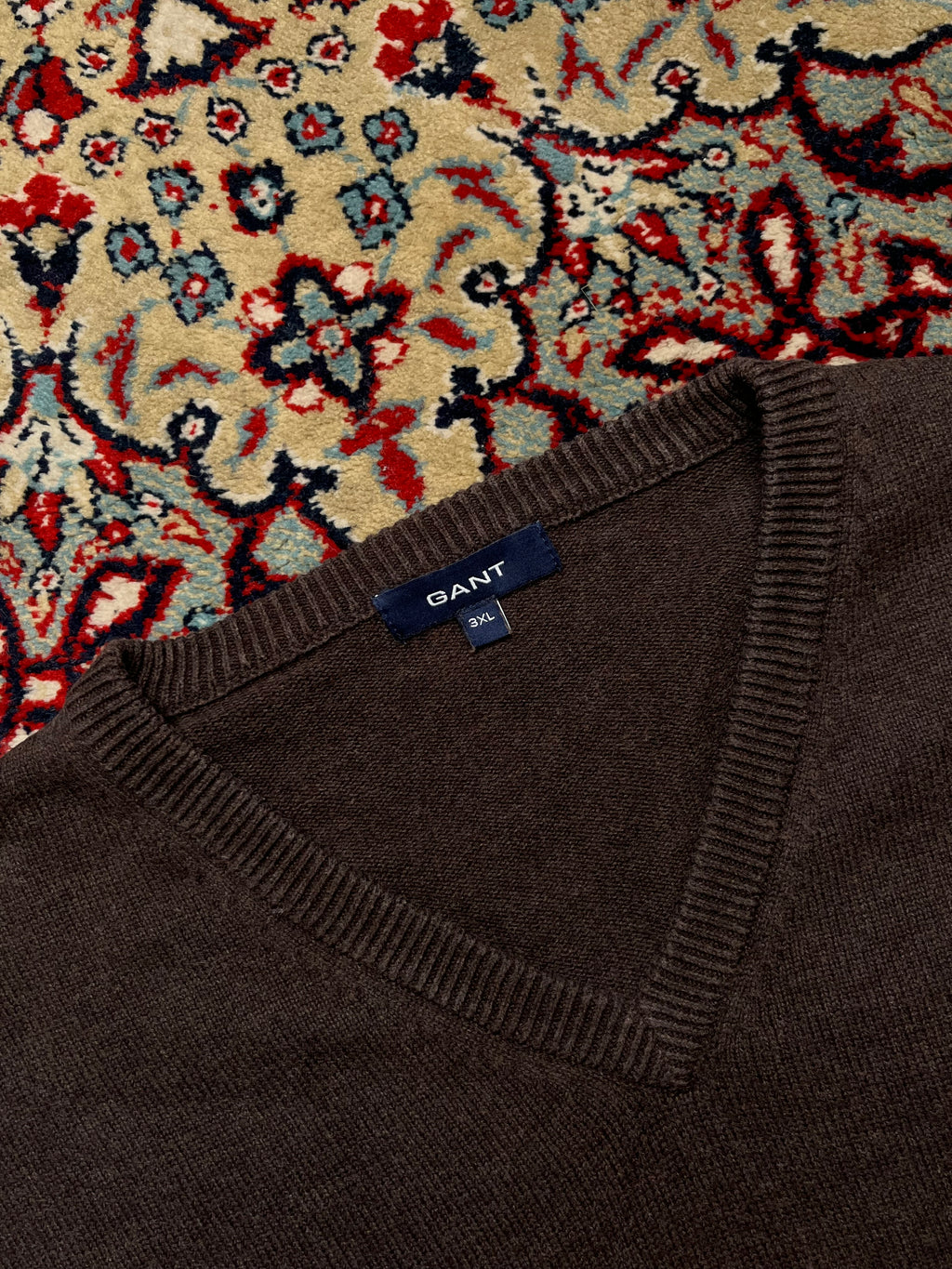 GANT Brown Cotton Embroidered Logo V-Neck Sweater - XL