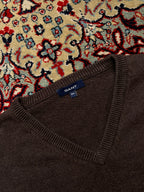 GANT Brown Cotton Embroidered Logo V-Neck Sweater - XL