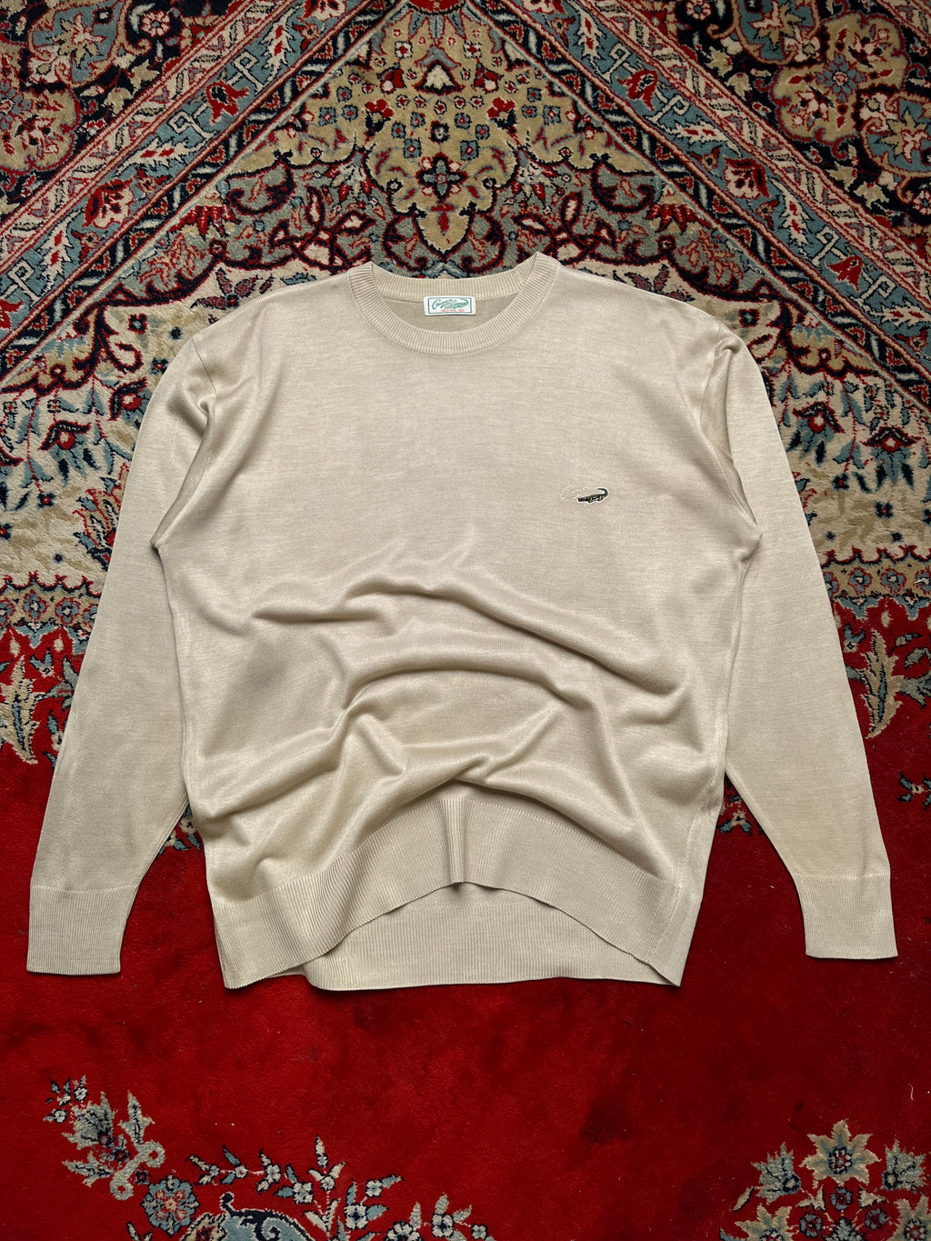 Vintage Crocodile Beige Fine Knit Embroidered Sweater - L