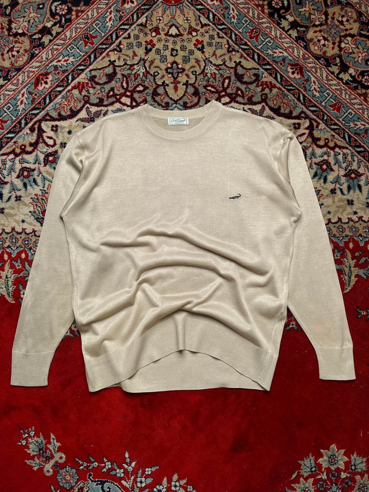 Vintage Crocodile Beige Fine Knit Embroidered Sweater - L