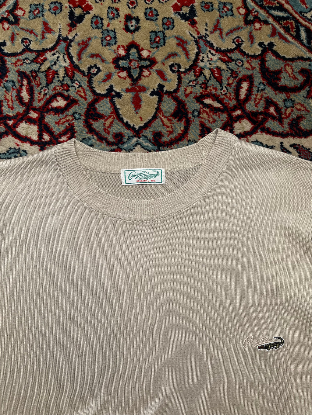 Vintage Crocodile Beige Fine Knit Embroidered Sweater - L
