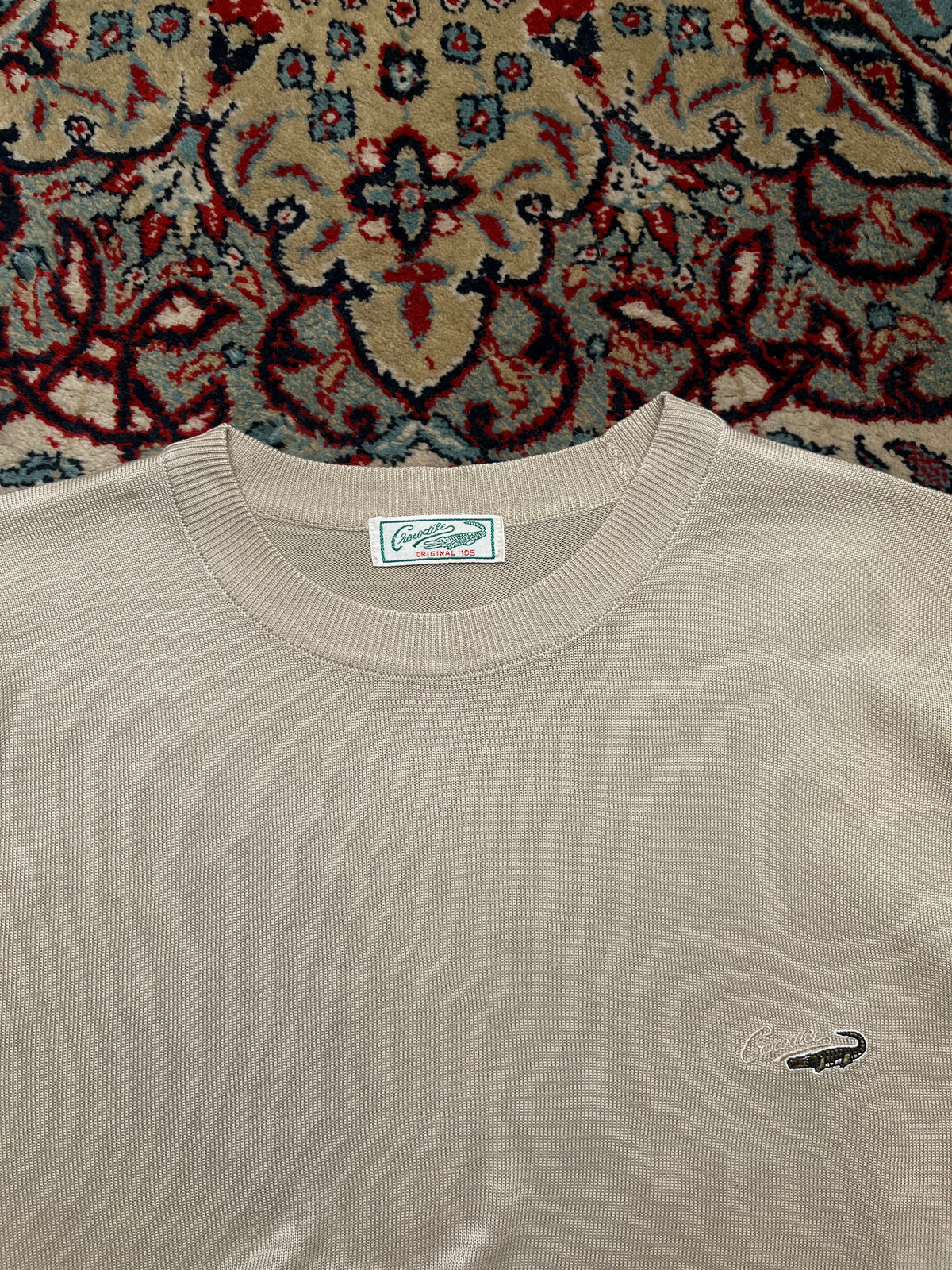 Vintage Crocodile Beige Fine Knit Embroidered Sweater - L