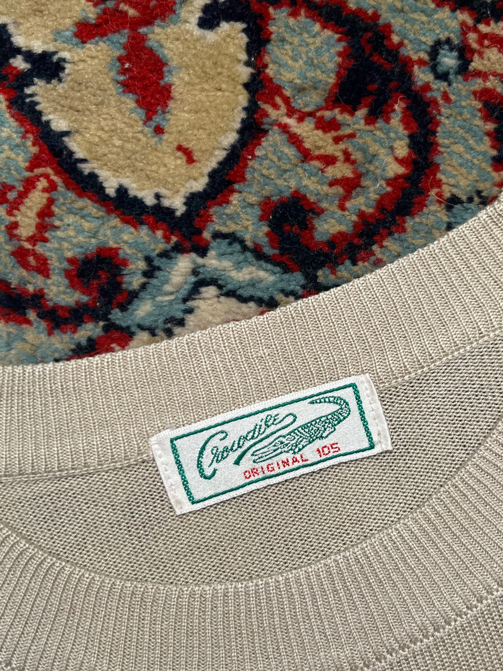 Vintage Crocodile Beige Fine Knit Embroidered Sweater - L
