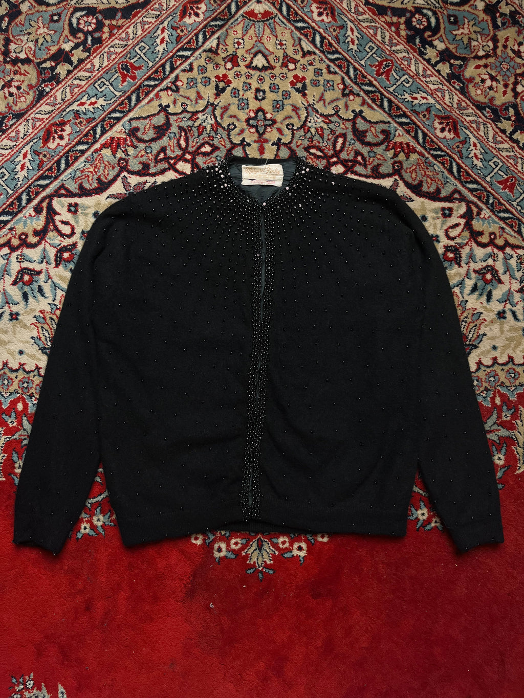 Vintage Margaret Finley Hong Kong Beaded Angora Wool Knit Cardigan - M