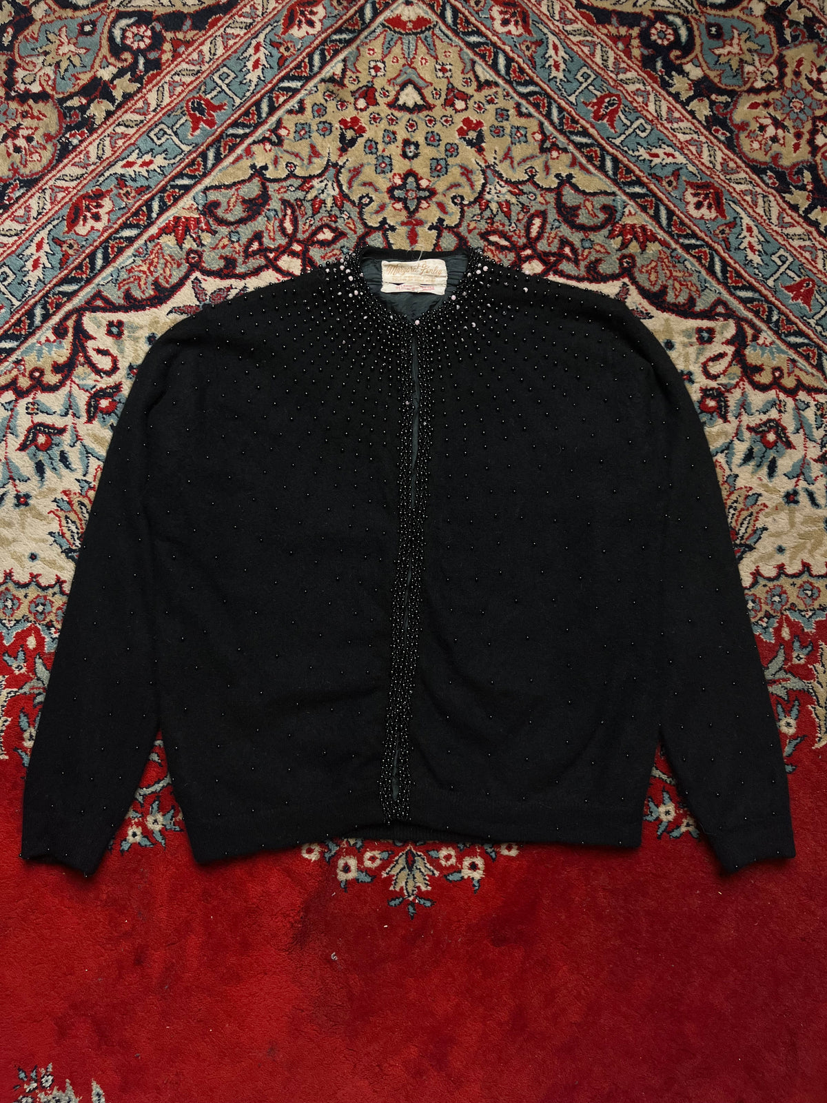 Vintage Margaret Finley Hong Kong Beaded Angora Wool Knit Cardigan - M