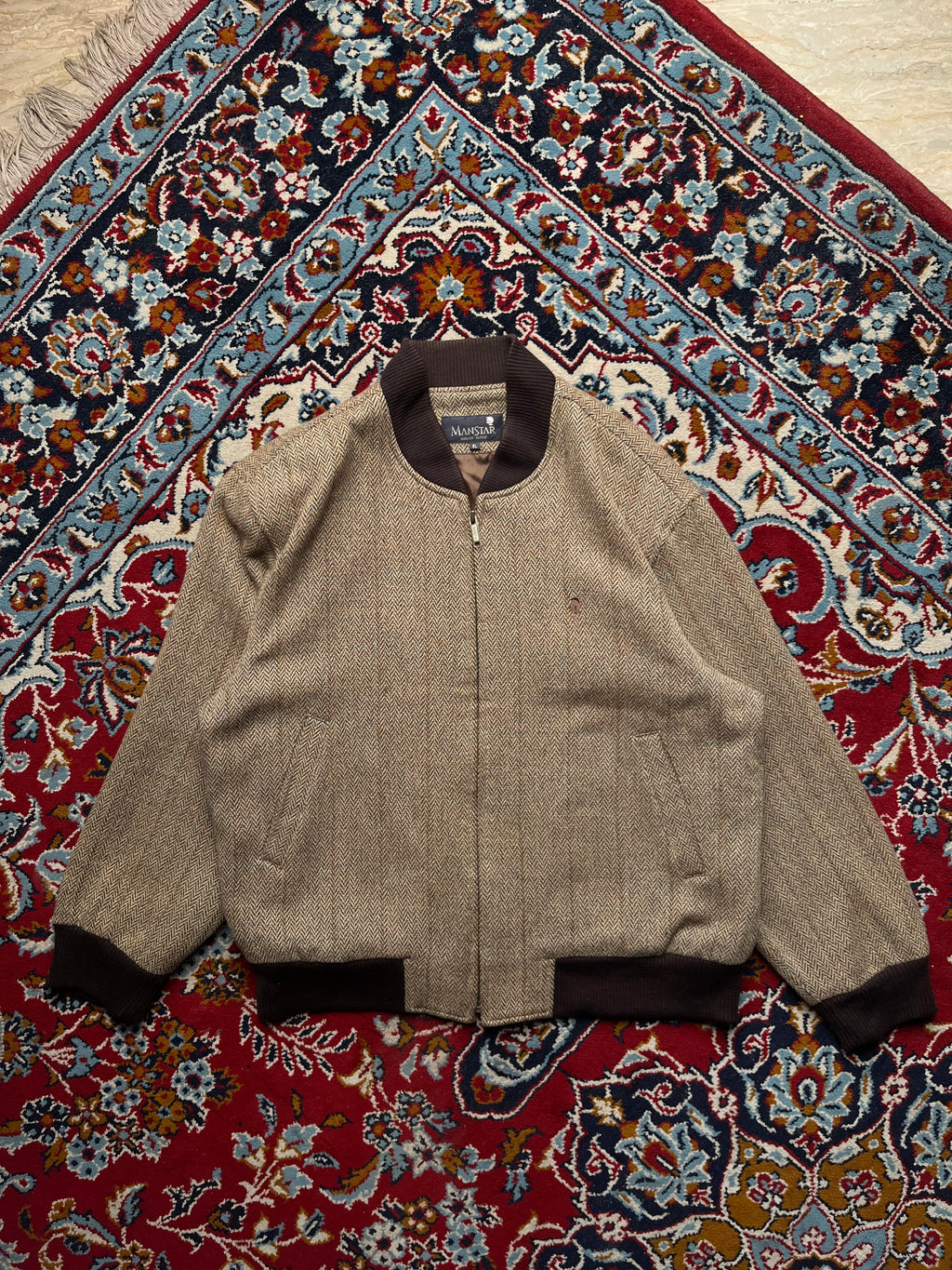 MANSTAR Vintage Kolon Mode Tweed Herringbone Wool Bomber JACKET - L