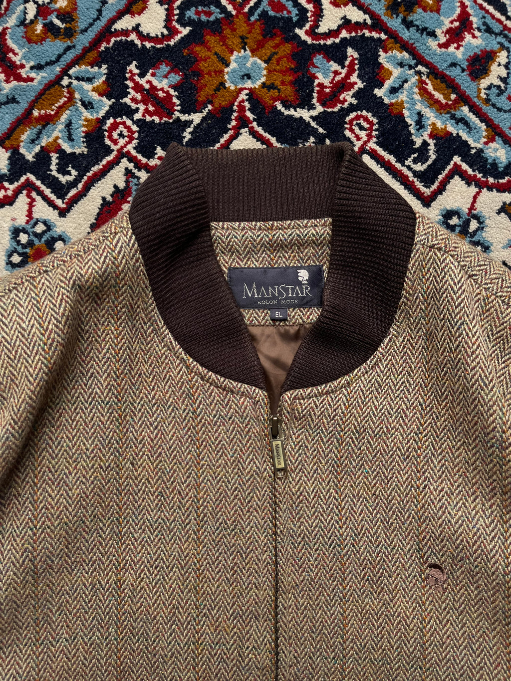 MANSTAR Vintage Kolon Mode Tweed Herringbone Wool Bomber JACKET - L