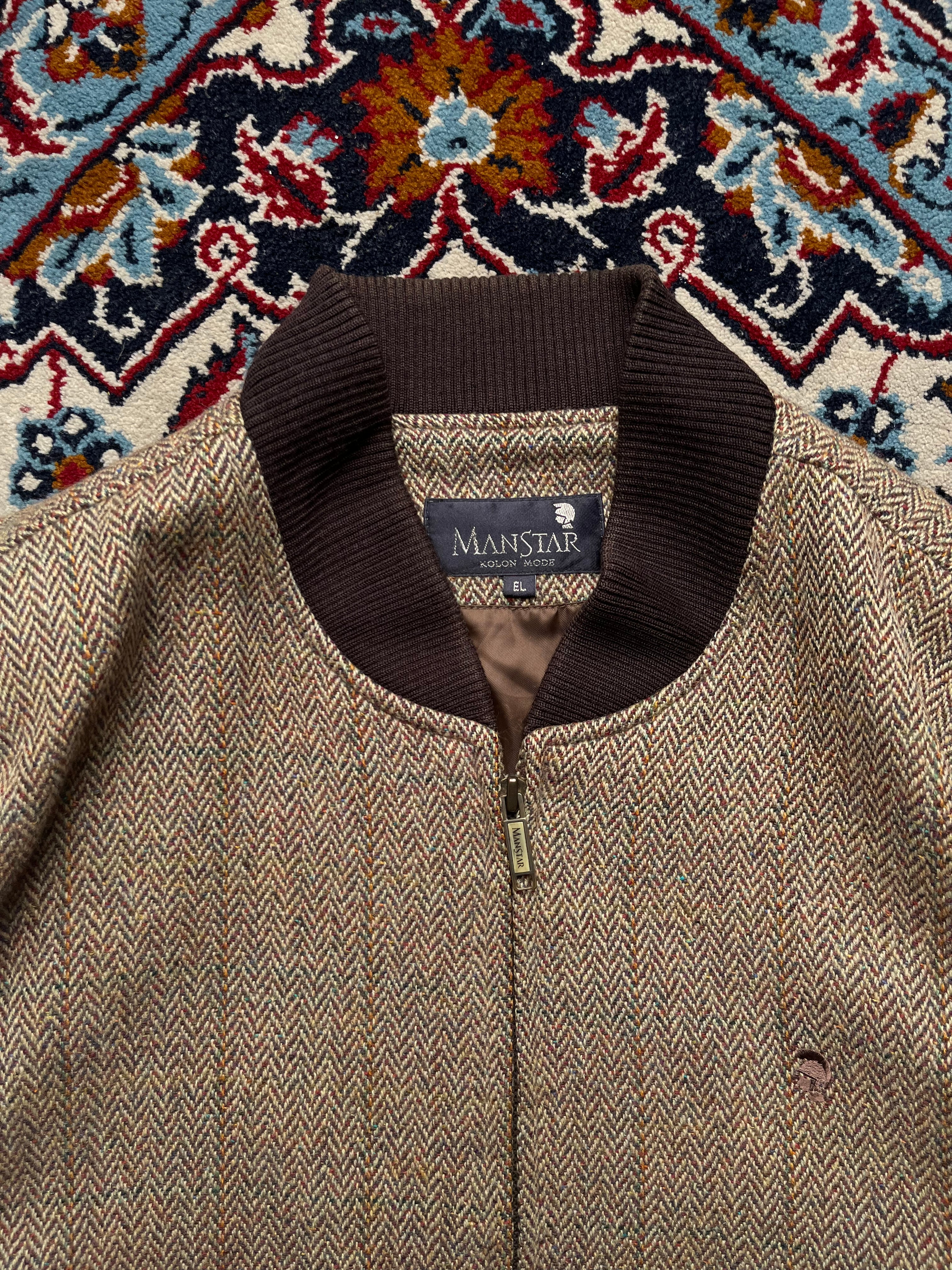 MANSTAR Vintage Kolon Mode Tweed Herringbone Wool Bomber JACKET - L