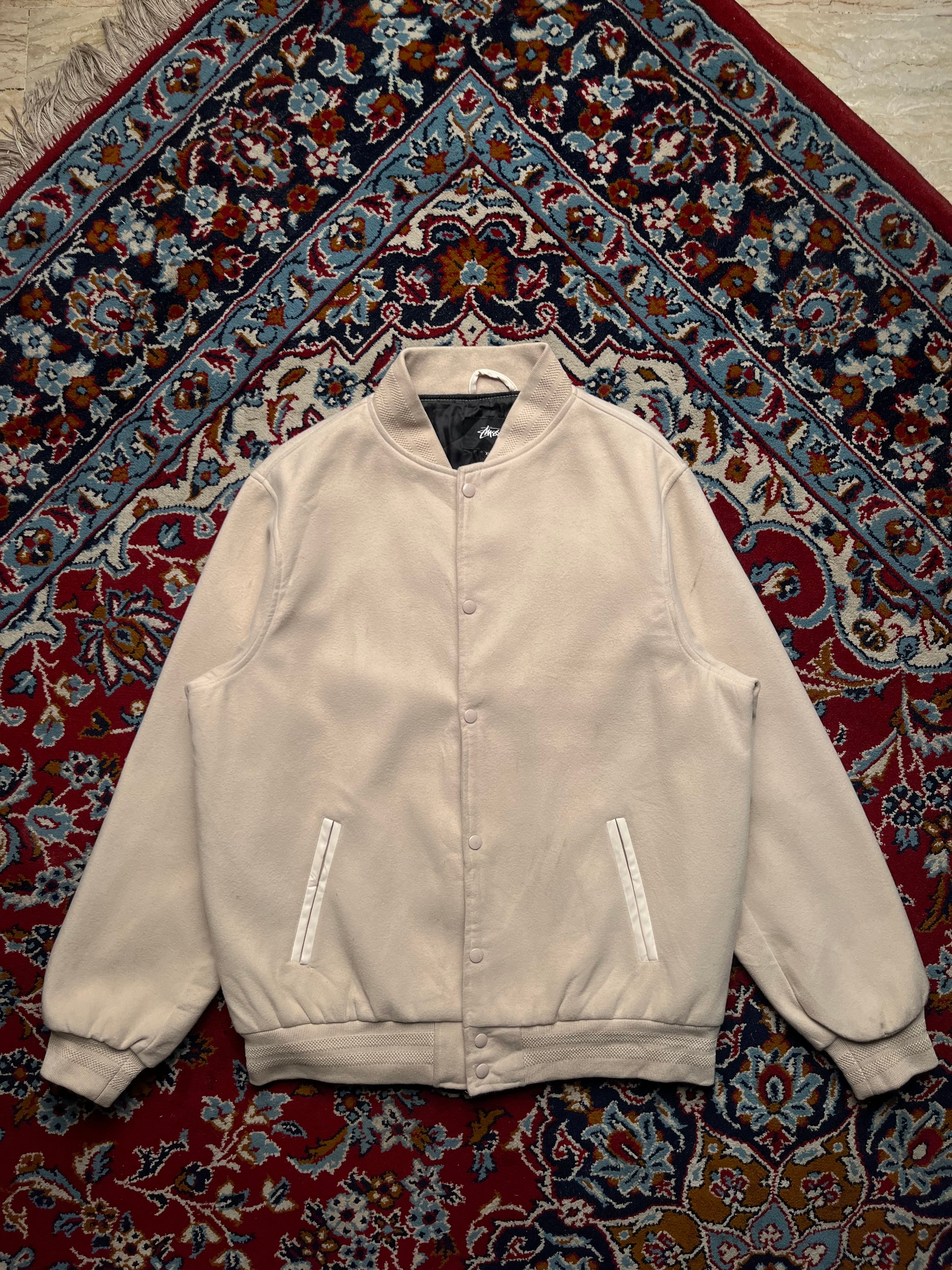 Stussy Sport Big Logo Snap Button Off White Cream Varsity Jacket - XL