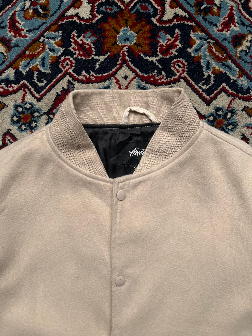 Stussy Sport Big Logo Snap Button Off White Cream Varsity Jacket - XL