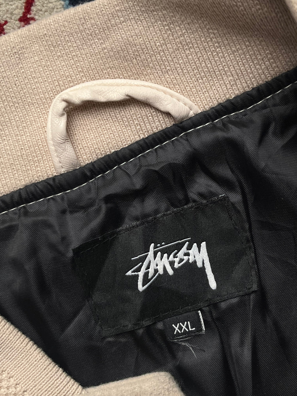 Stussy Sport Big Logo Snap Button Off White Cream Varsity Jacket - XL