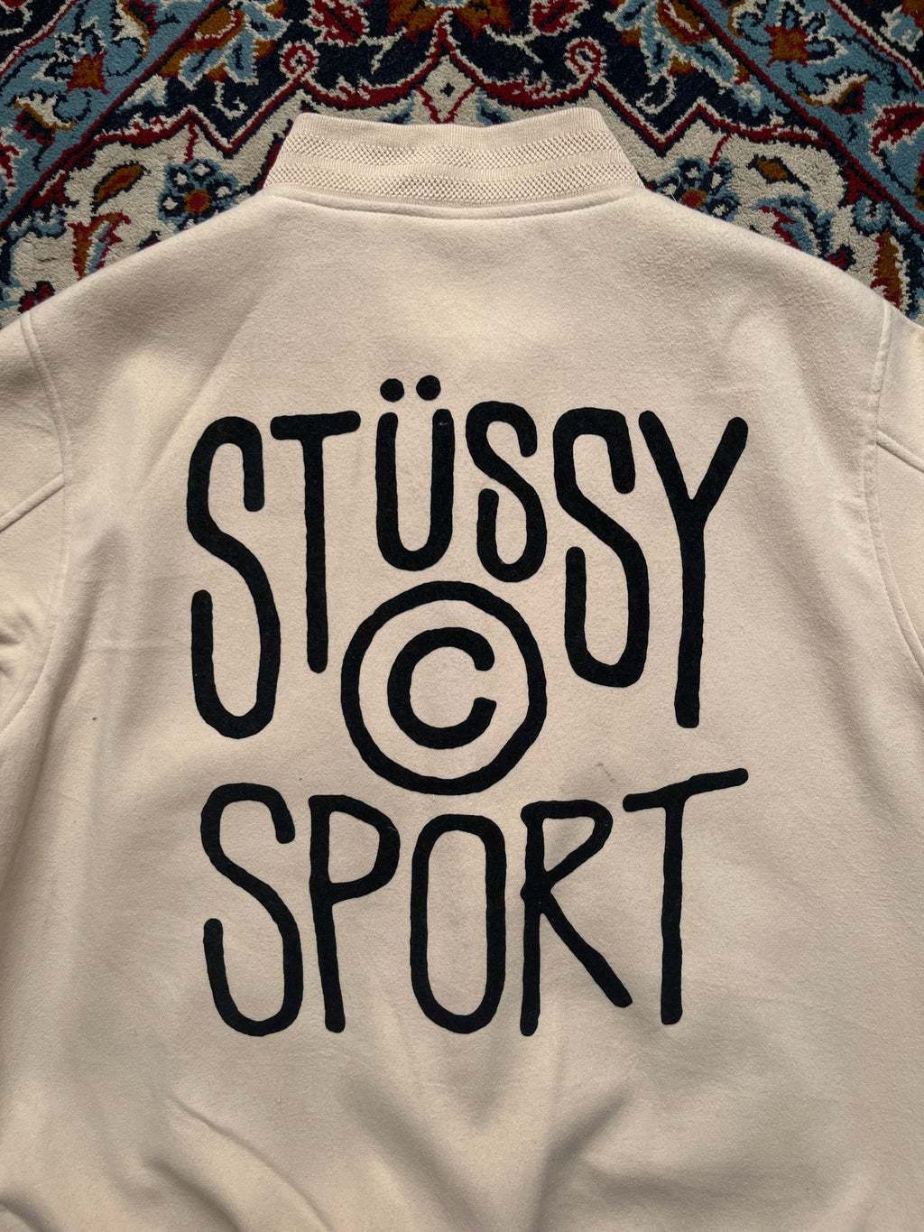 Stussy Sport Big Logo Snap Button Off White Cream Varsity Jacket - XL