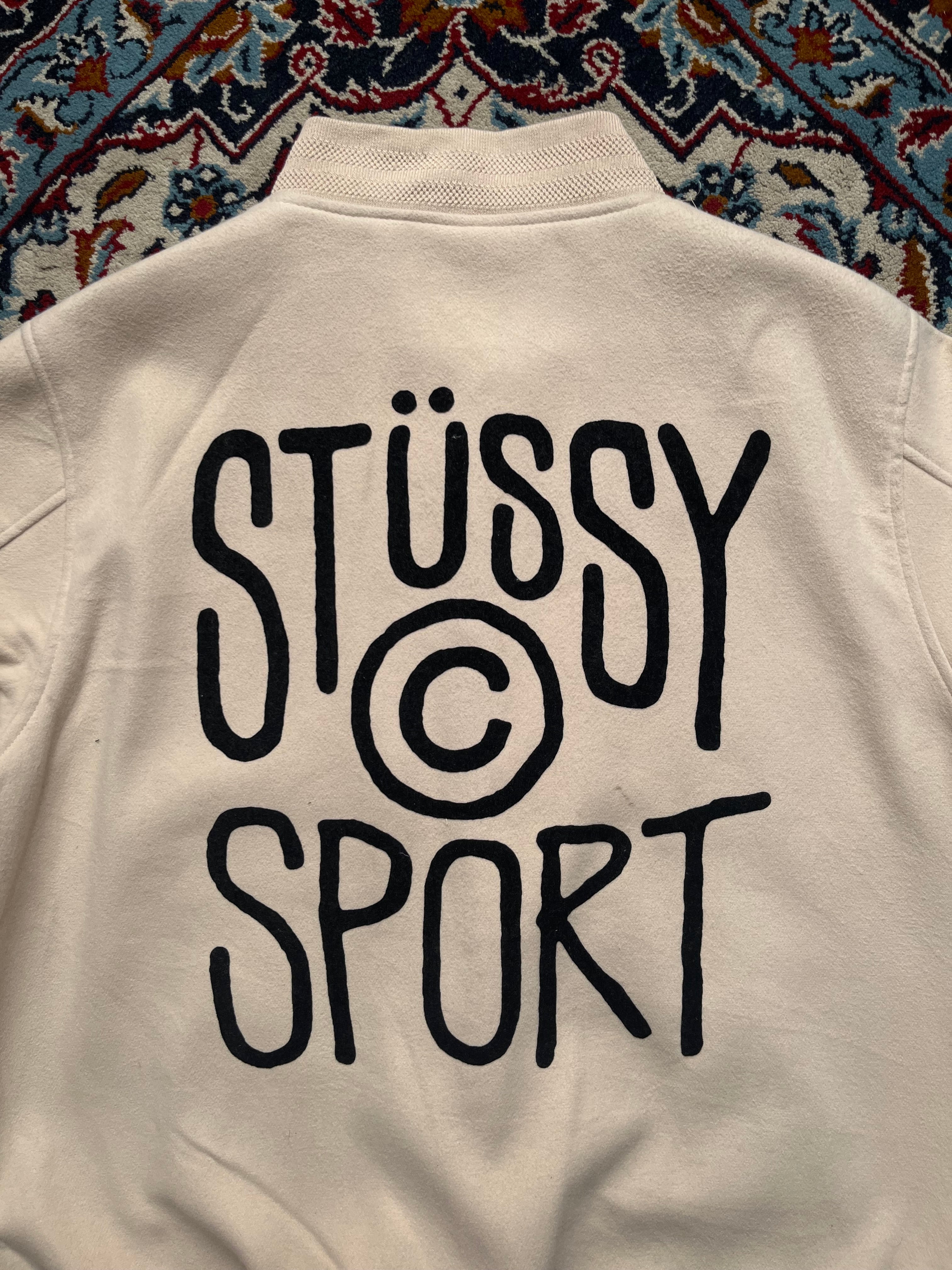 Stussy Sport Big Logo Snap Button Off White Cream Varsity Jacket - XL