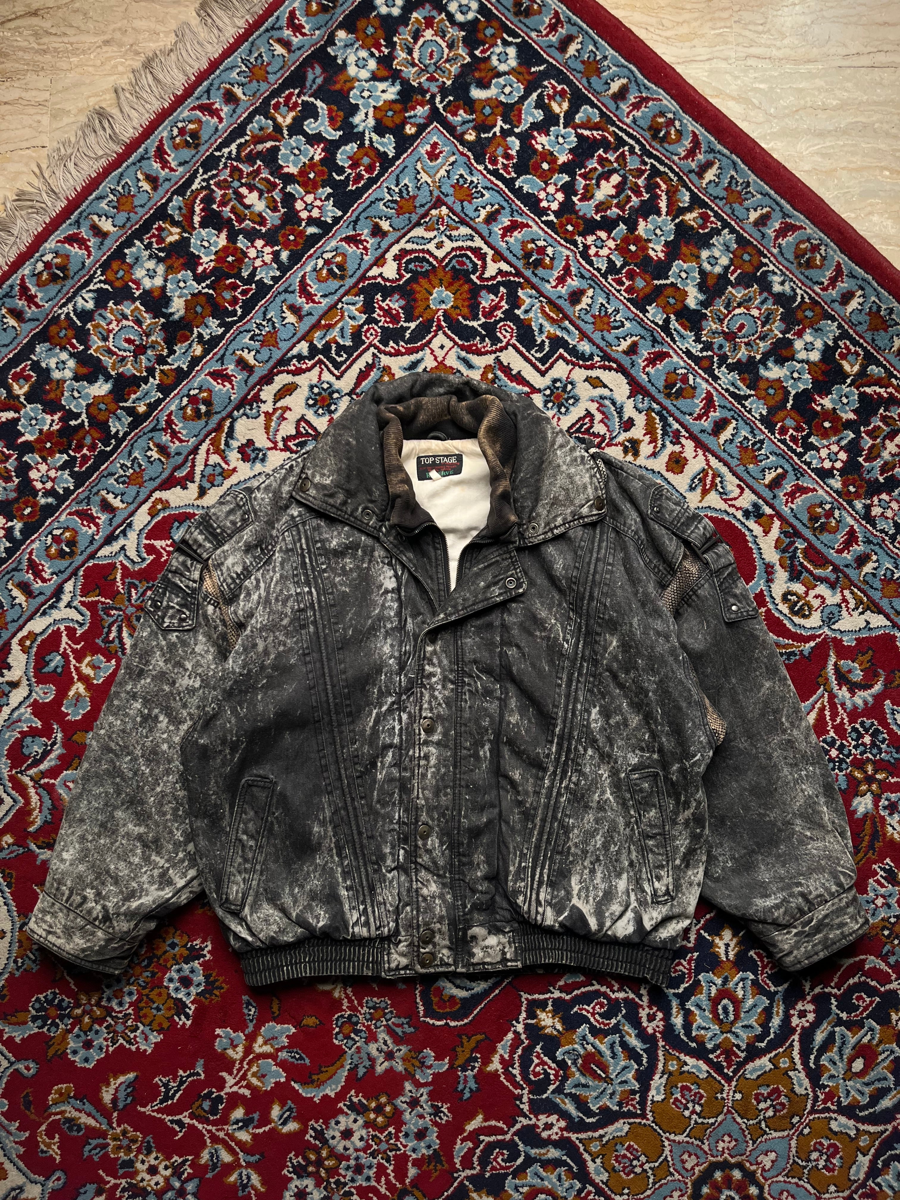 Top Stage Vintage Acid WashED Black Heavyweight Denim Bomber Jacket - M