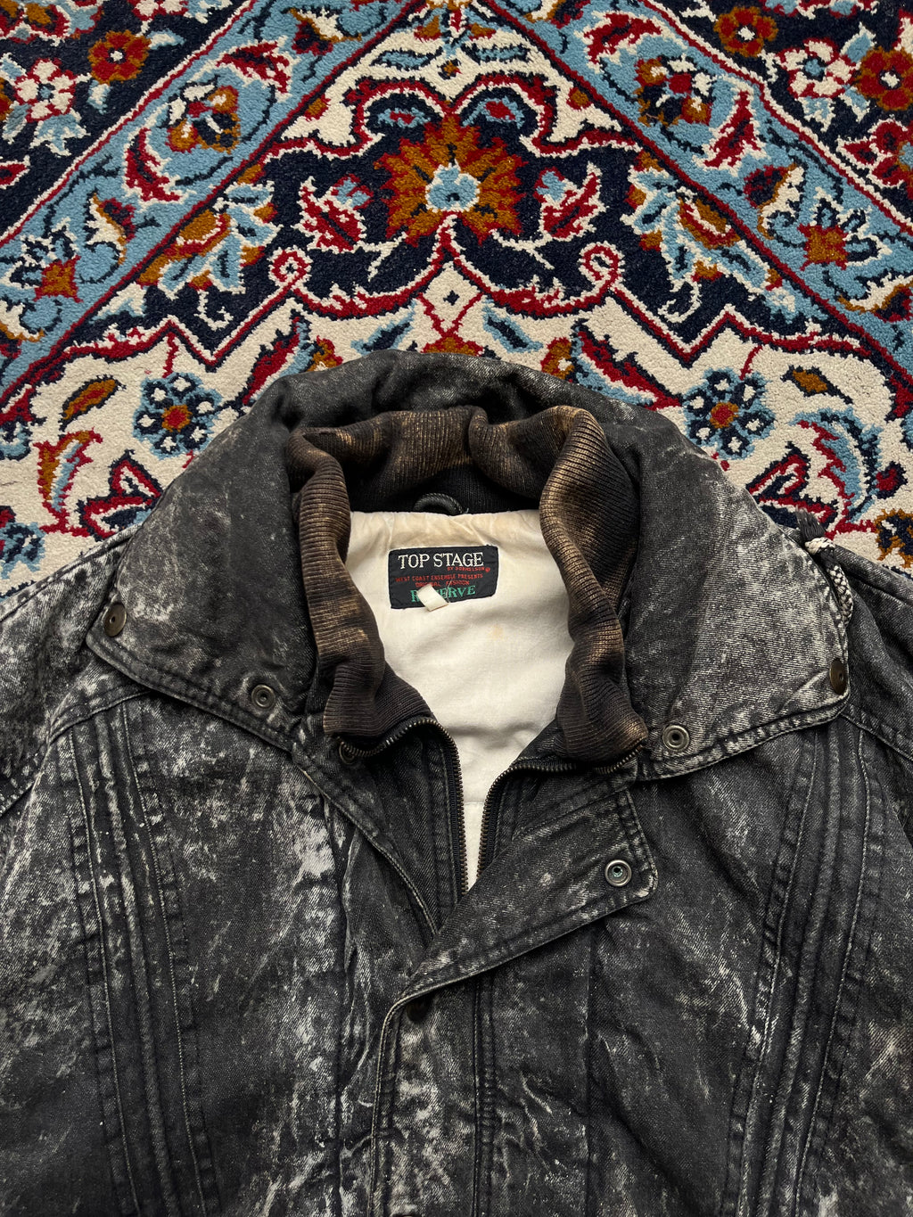 Top Stage Vintage Acid WashED Black Heavyweight Denim Bomber Jacket - M