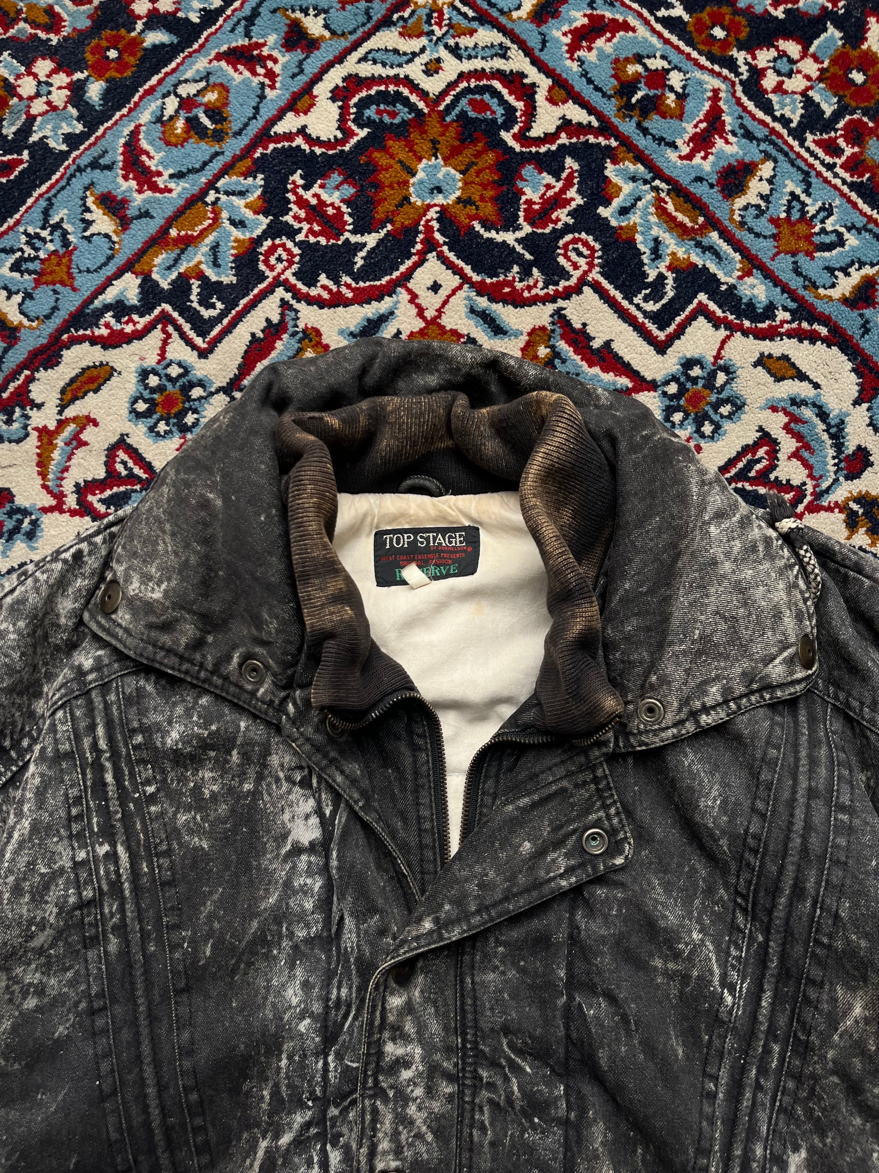 Top Stage Vintage Acid WashED Black Heavyweight Denim Bomber Jacket - M