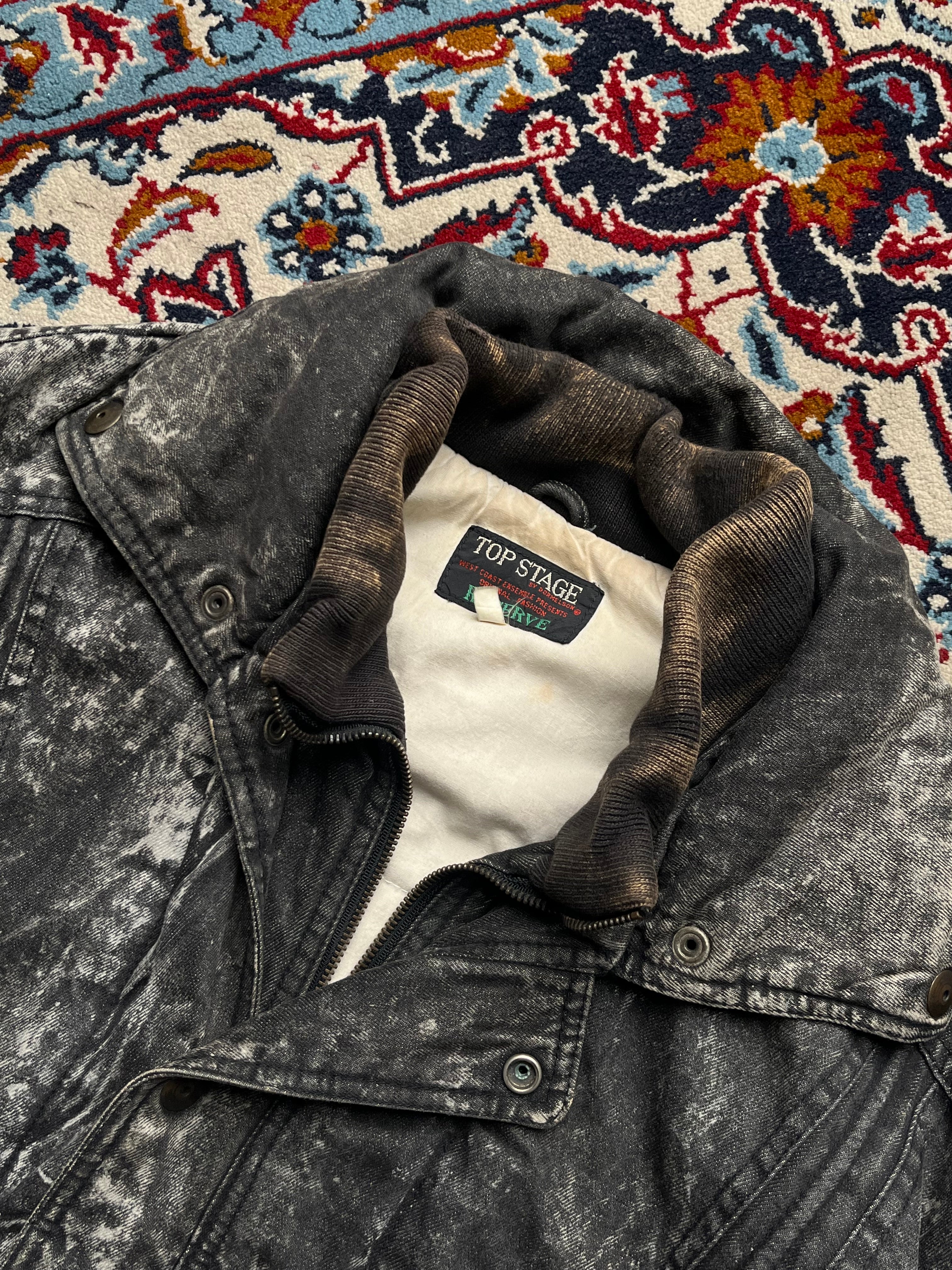 Top Stage Vintage Acid WashED Black Heavyweight Denim Bomber Jacket - M