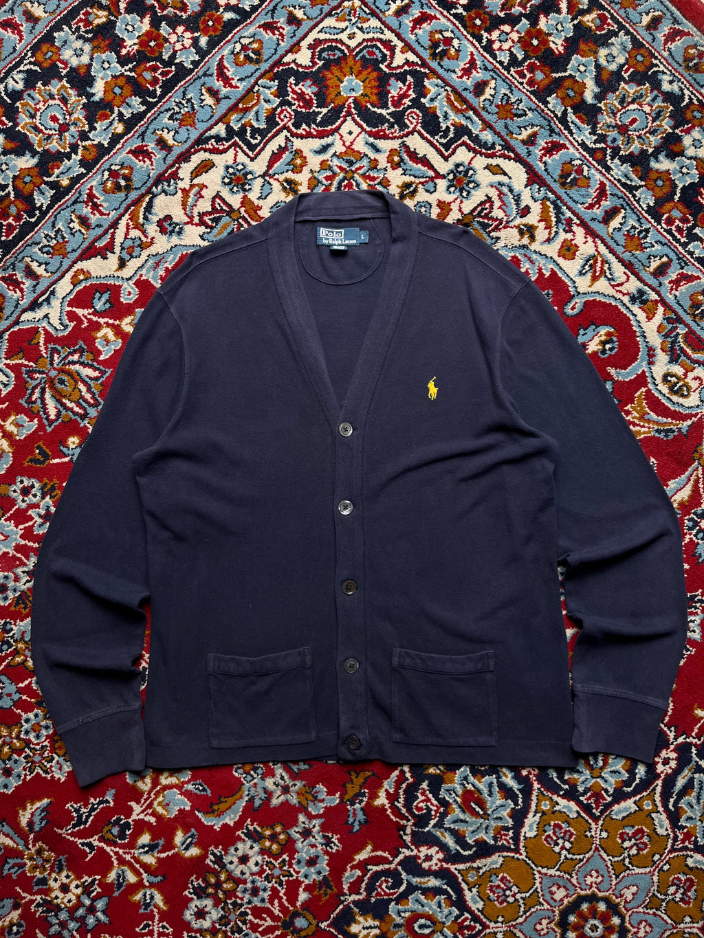 Polo Ralph Lauren Navy Blue Cotton V-Neck Knit CARDIGAN SWEATER - L