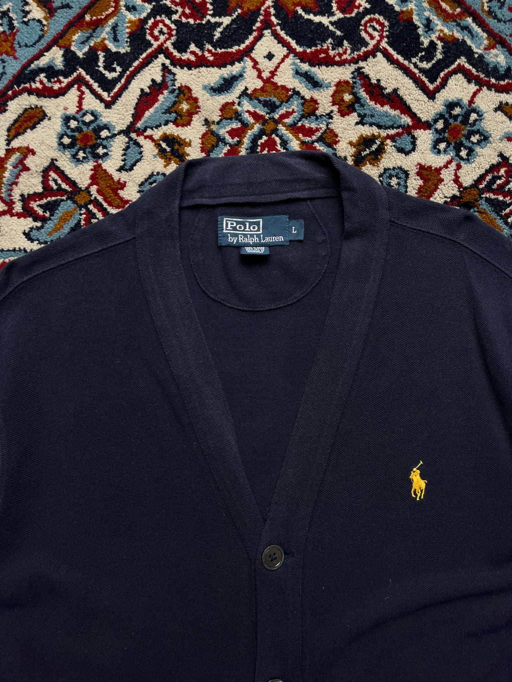 Polo Ralph Lauren Navy Blue Cotton V-Neck Knit CARDIGAN SWEATER - L