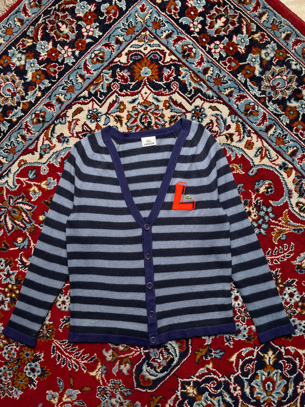 LACOSTE Women Striped Button V-Neck Knit Cardigan Sweater - M