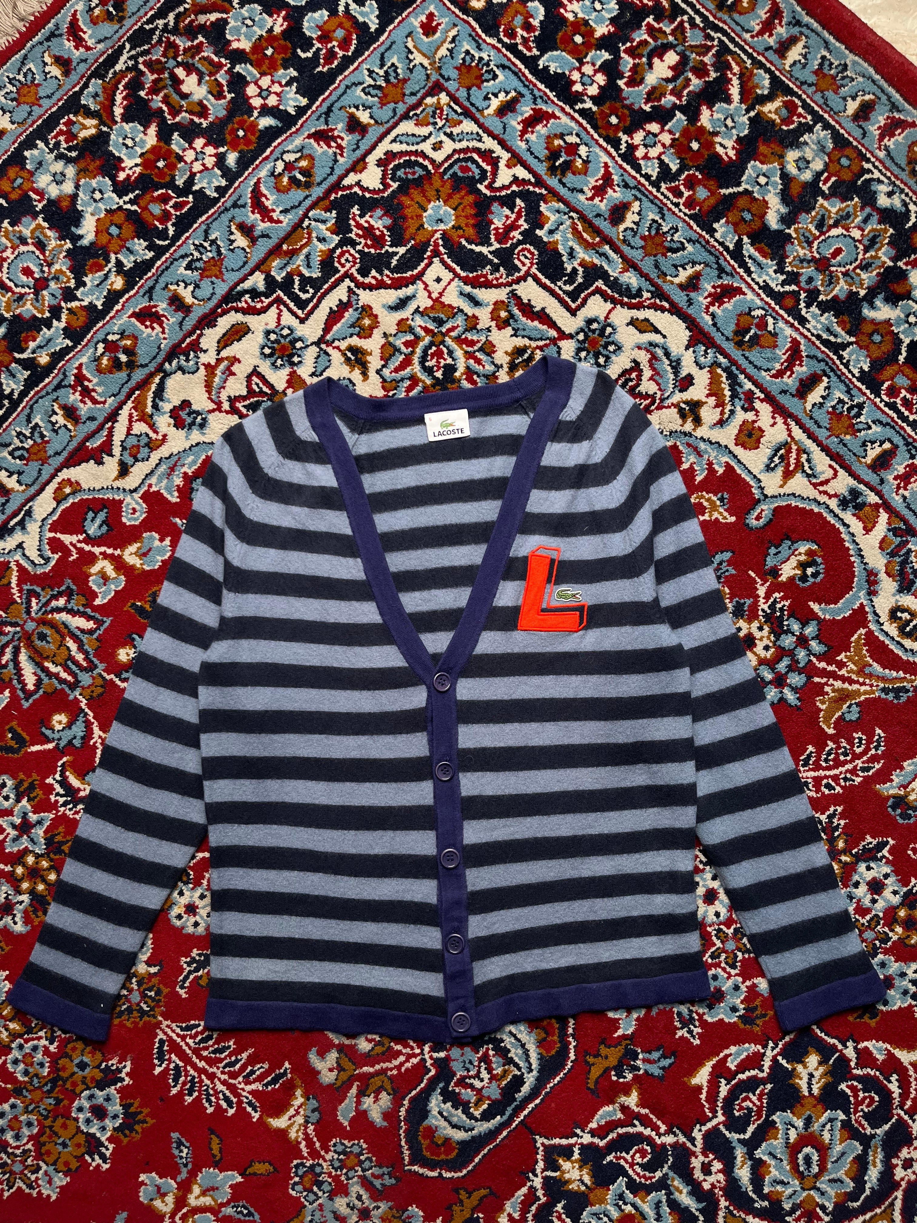 LACOSTE Women Striped Button V-Neck Knit Cardigan Sweater - M