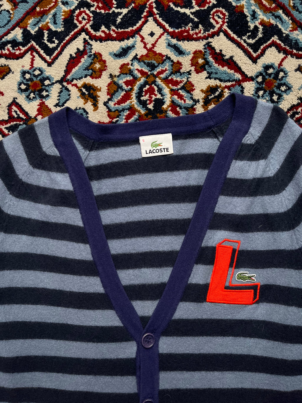 LACOSTE Women Striped Button V-Neck Knit Cardigan Sweater - M