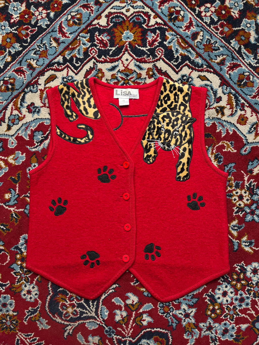 Vintage Lisa International Red Wool Leopard Paw Print Button Vest - M