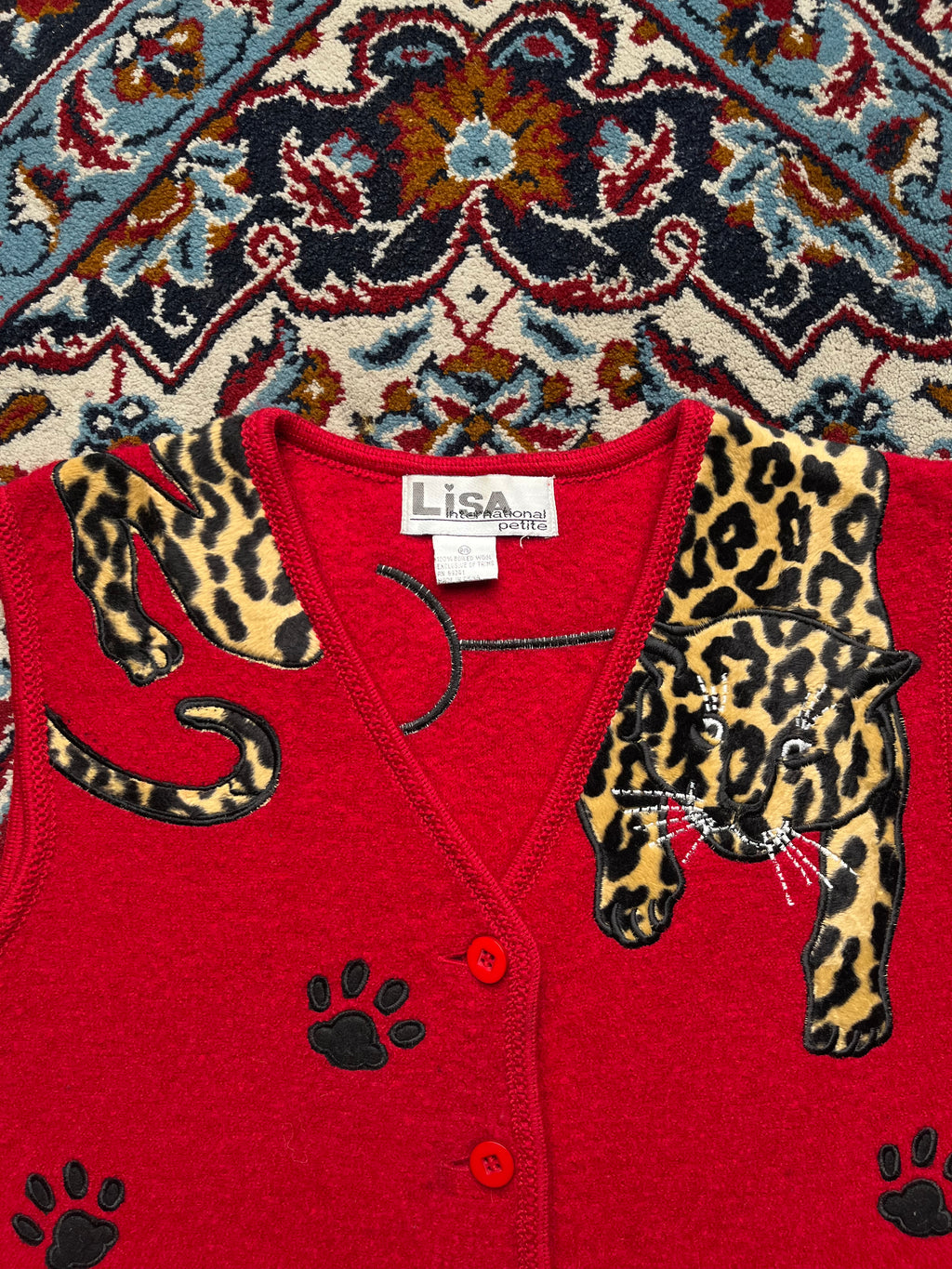 Vintage Lisa International Red Wool Leopard Paw Print Button Vest - M