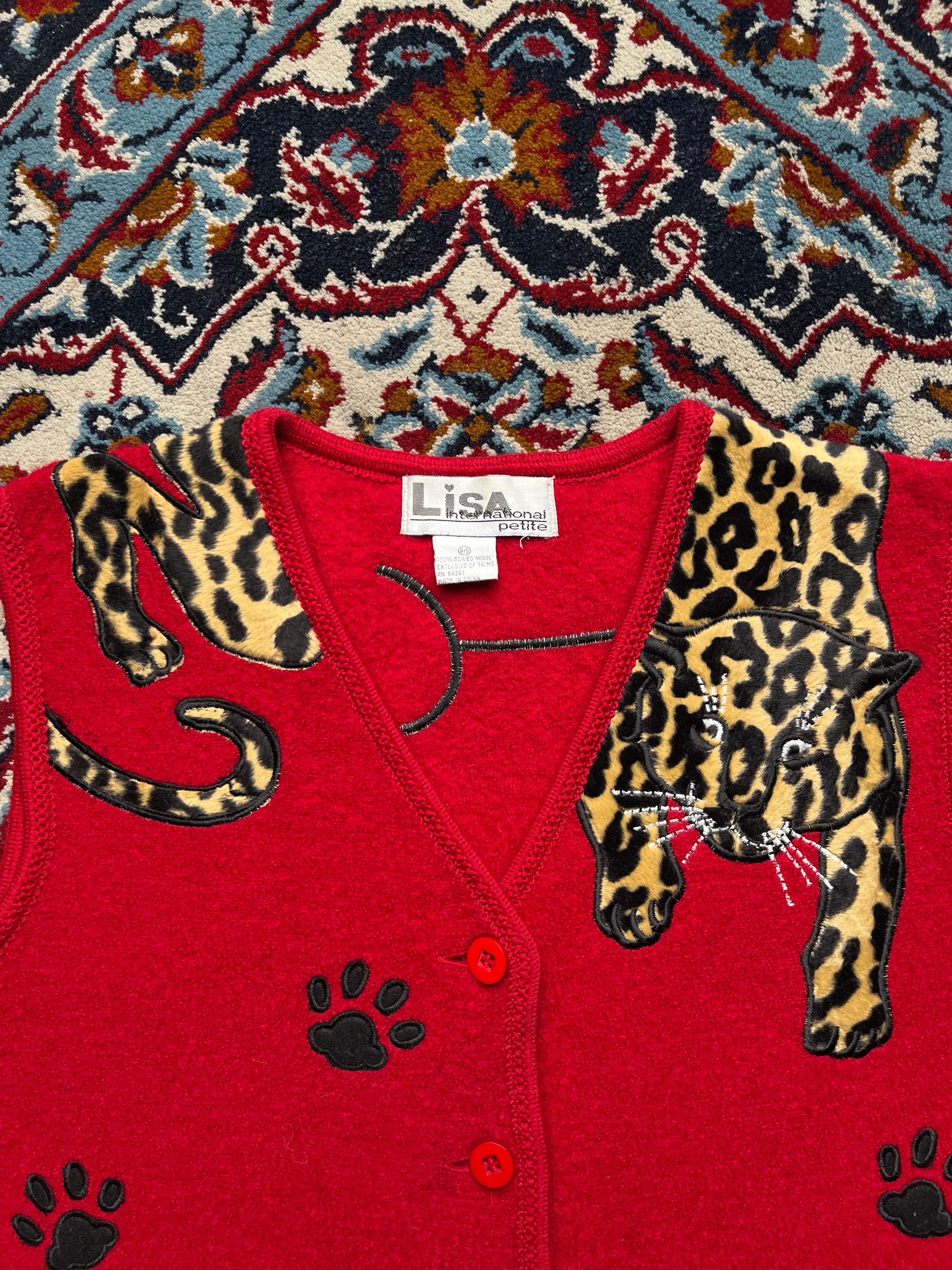 Vintage Lisa International Red Wool Leopard Paw Print Button Vest - M