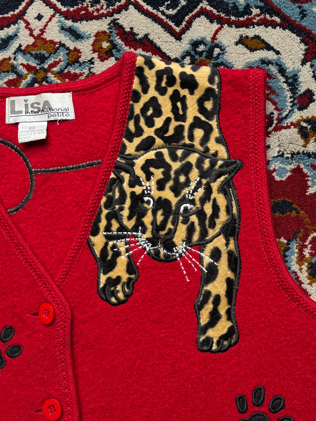 Vintage Lisa International Red Wool Leopard Paw Print Button Vest - M
