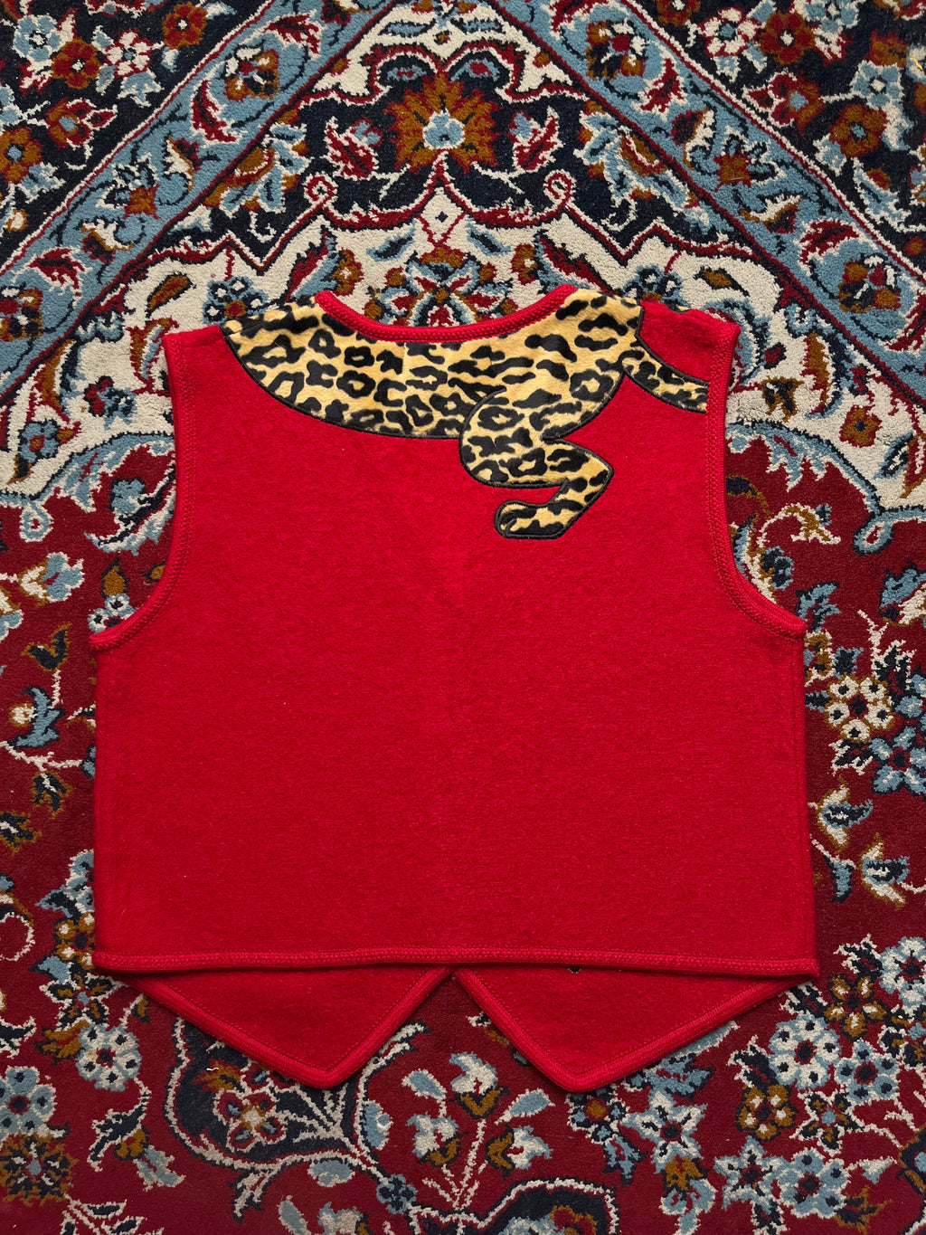 Vintage Lisa International Red Wool Leopard Paw Print Button Vest - M