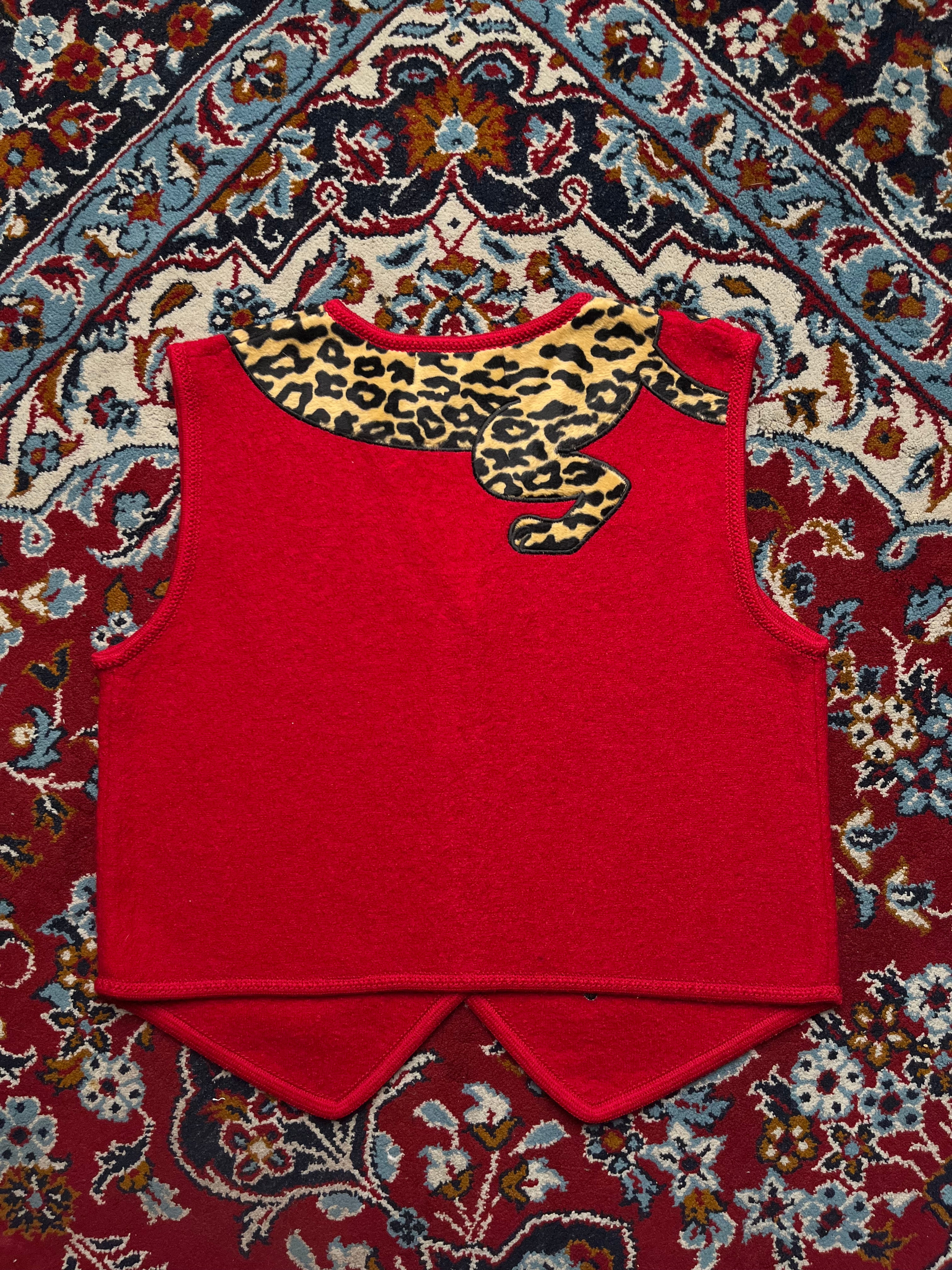 Vintage Lisa International Red Wool Leopard Paw Print Button Vest - M