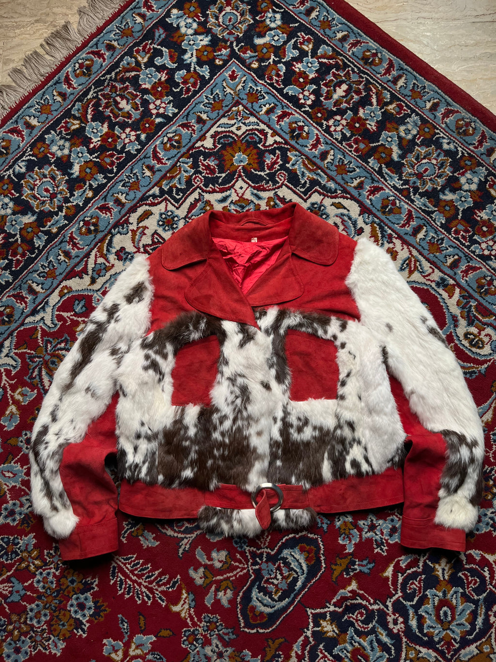 Vintage Gerbmann Wien Red Suede & Spotted Fur Cropped Jacket - L