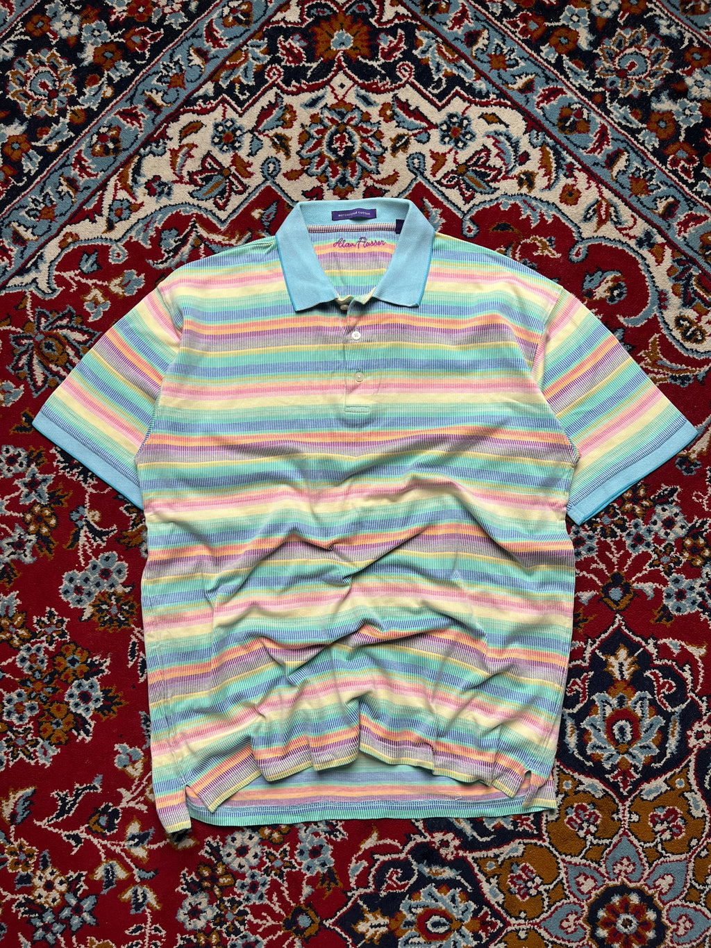Alan Flusser Pastel Rainbow Multi-Color Striped Polo Tee - L