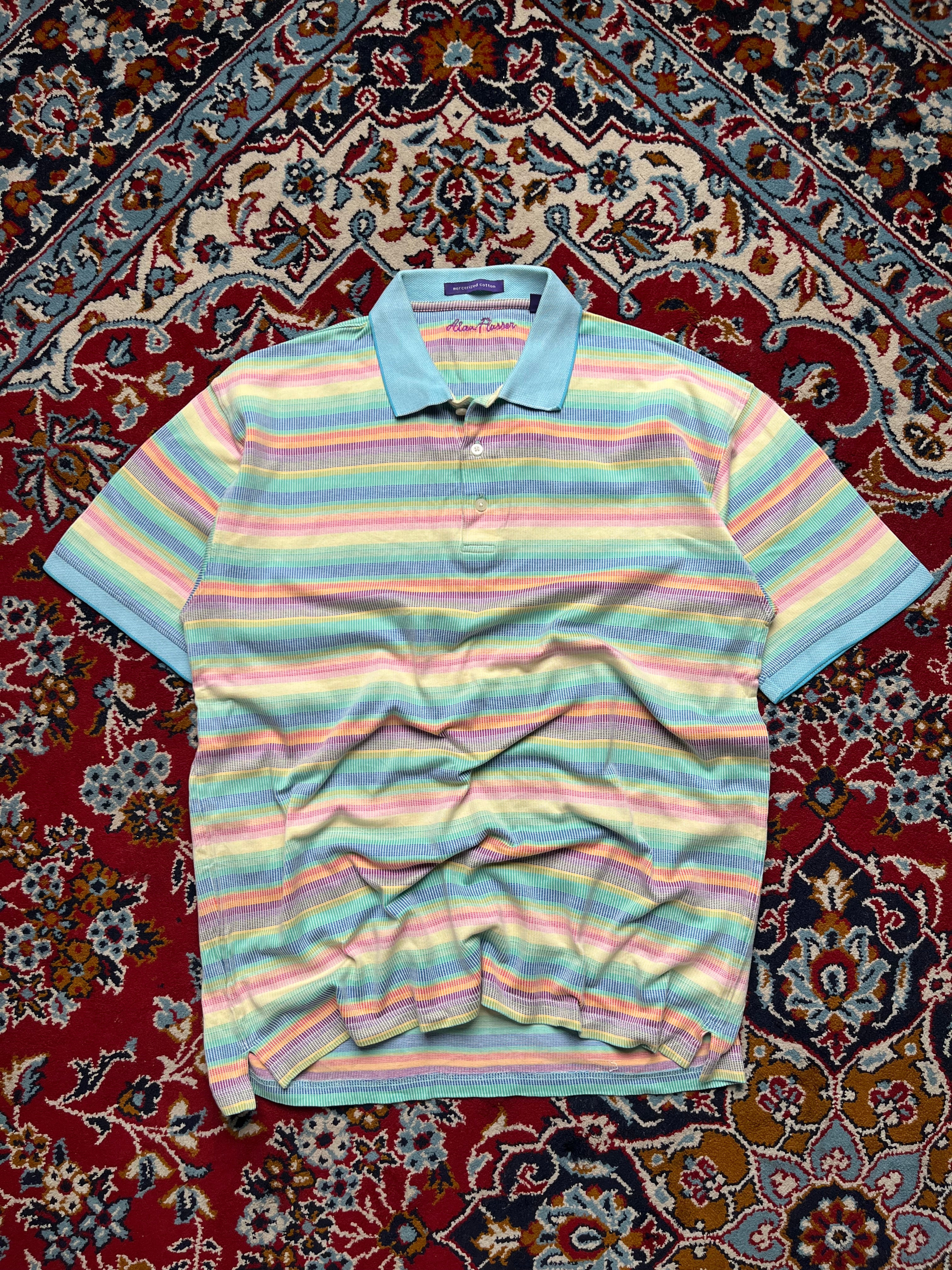 Alan Flusser Pastel Rainbow Multi-Color Striped Polo Tee - L