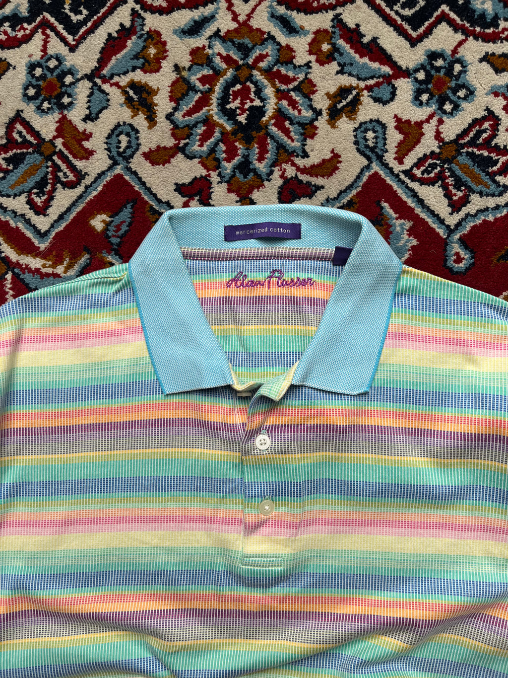 Alan Flusser Pastel Rainbow Multi-Color Striped Polo Tee - L