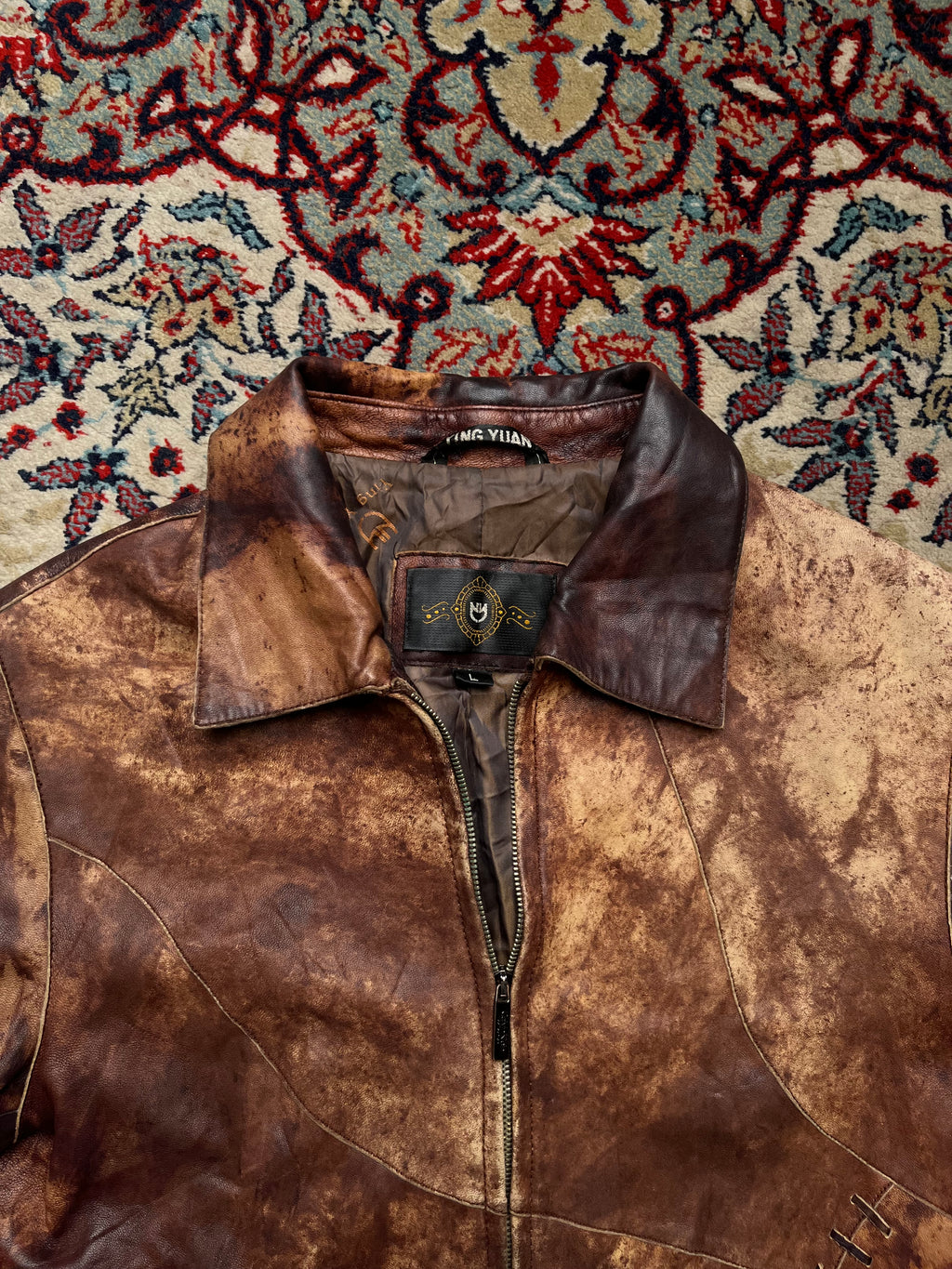 Vintage Acid Washed Distressed Brown Leather BIKER Jacket - L