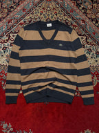 Lacoste Cotton Navy Tan Striped Crocodile Logo V-Neck Sweater - M